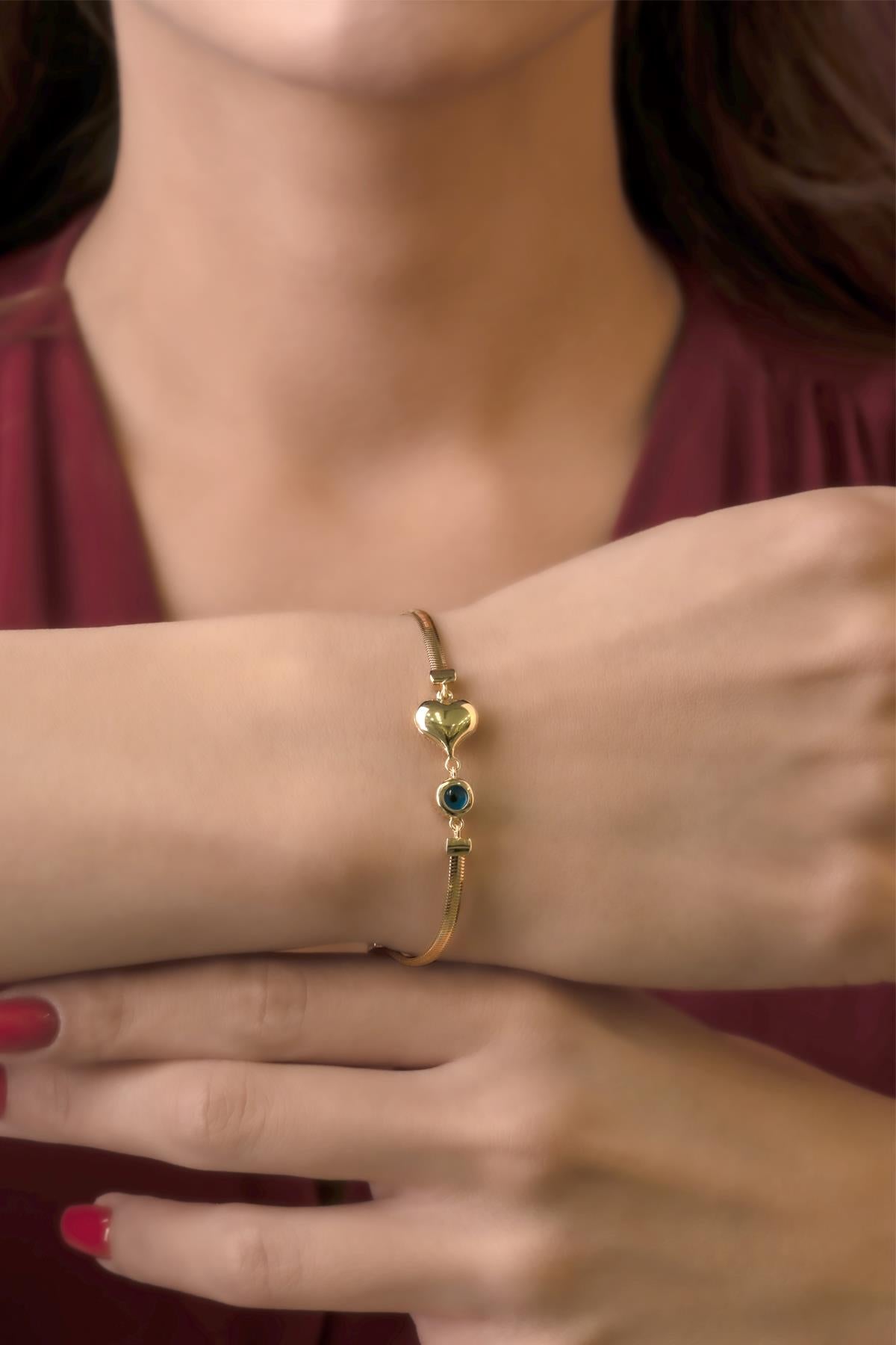 14ct Gold Classic Snake Chain Bracelet With Puffy Heart Evil Eye Charm