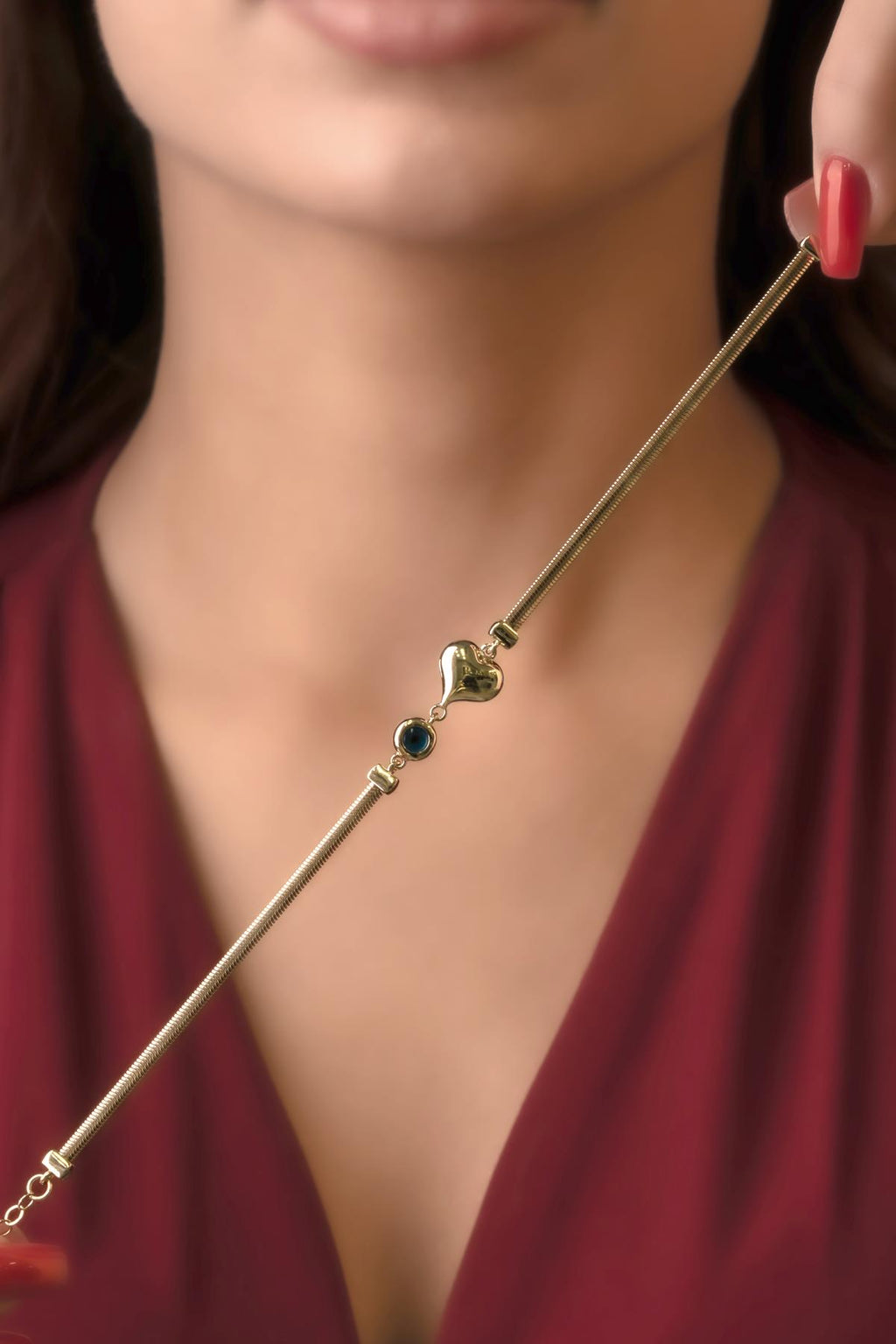 14ct Gold Classic Snake Chain Bracelet With Puffy Heart Evil Eye Charm