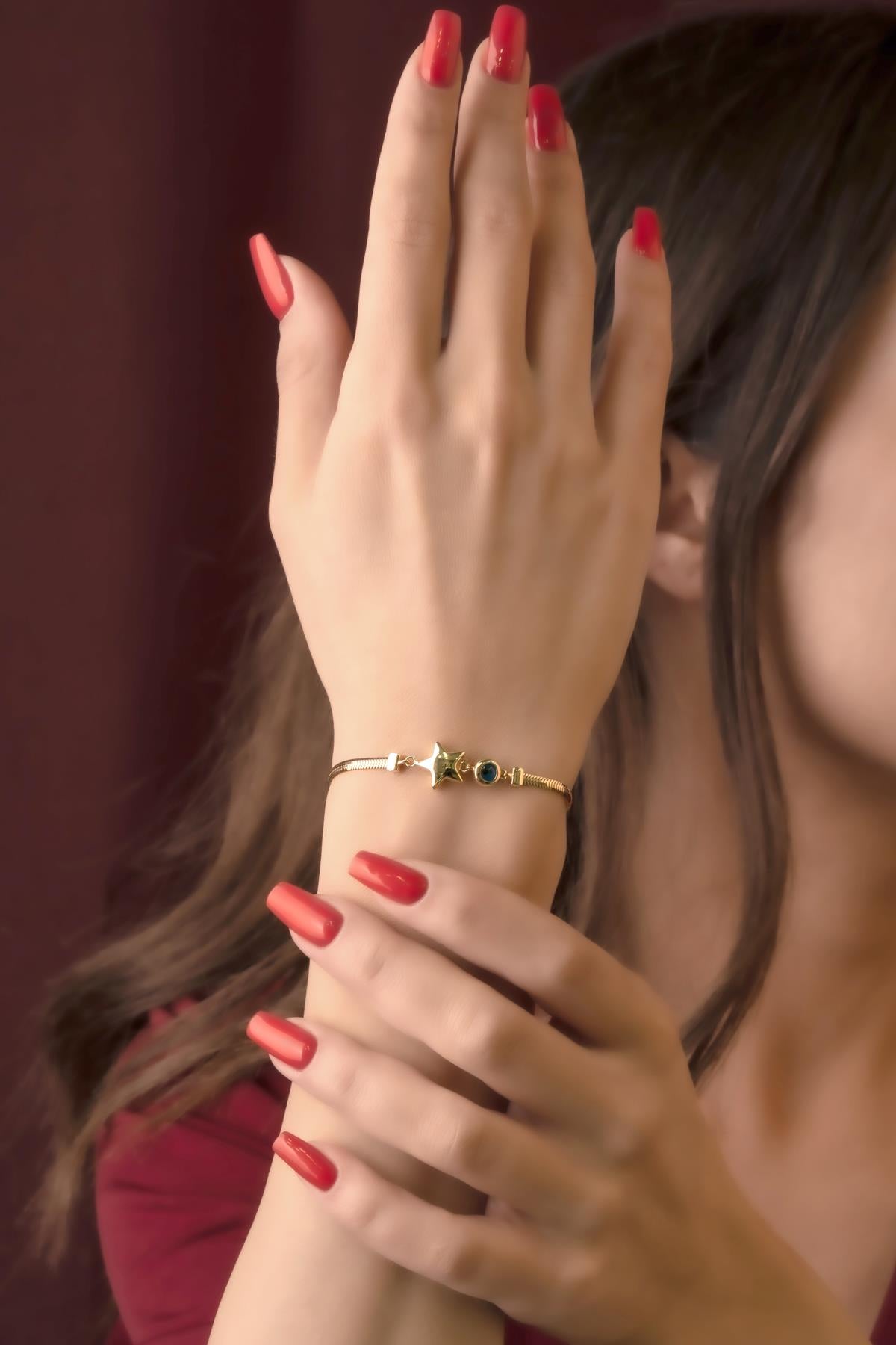 14K Gold Classic Snake Chain Bracelet With Puffy Star Evil Eye Charm