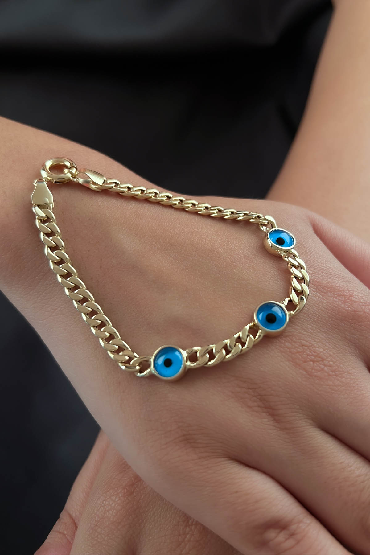 14K Gold Cuban Curb Evil Eye Chain Bracelet