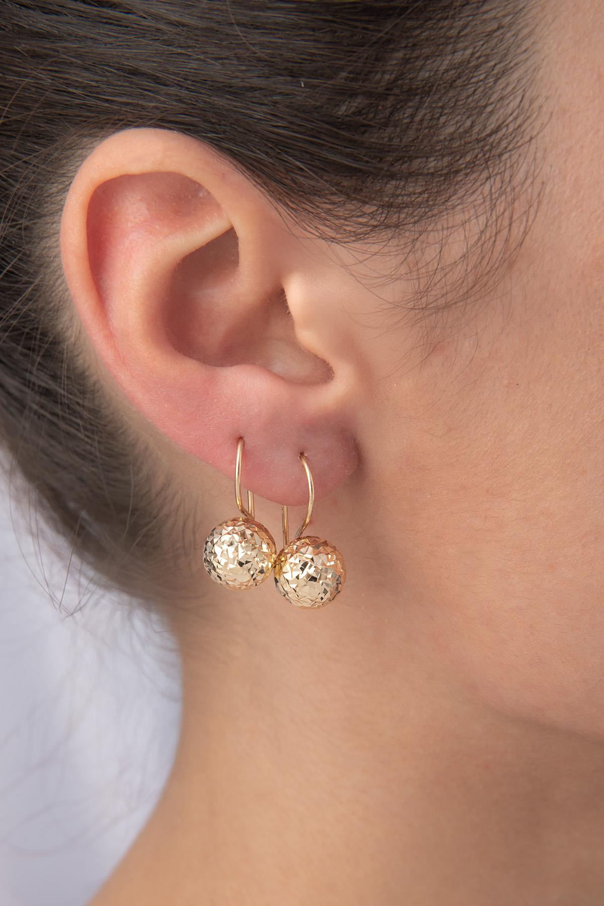 14ct Gold Diamond _ Cut Euroball Earrings ( Medium )