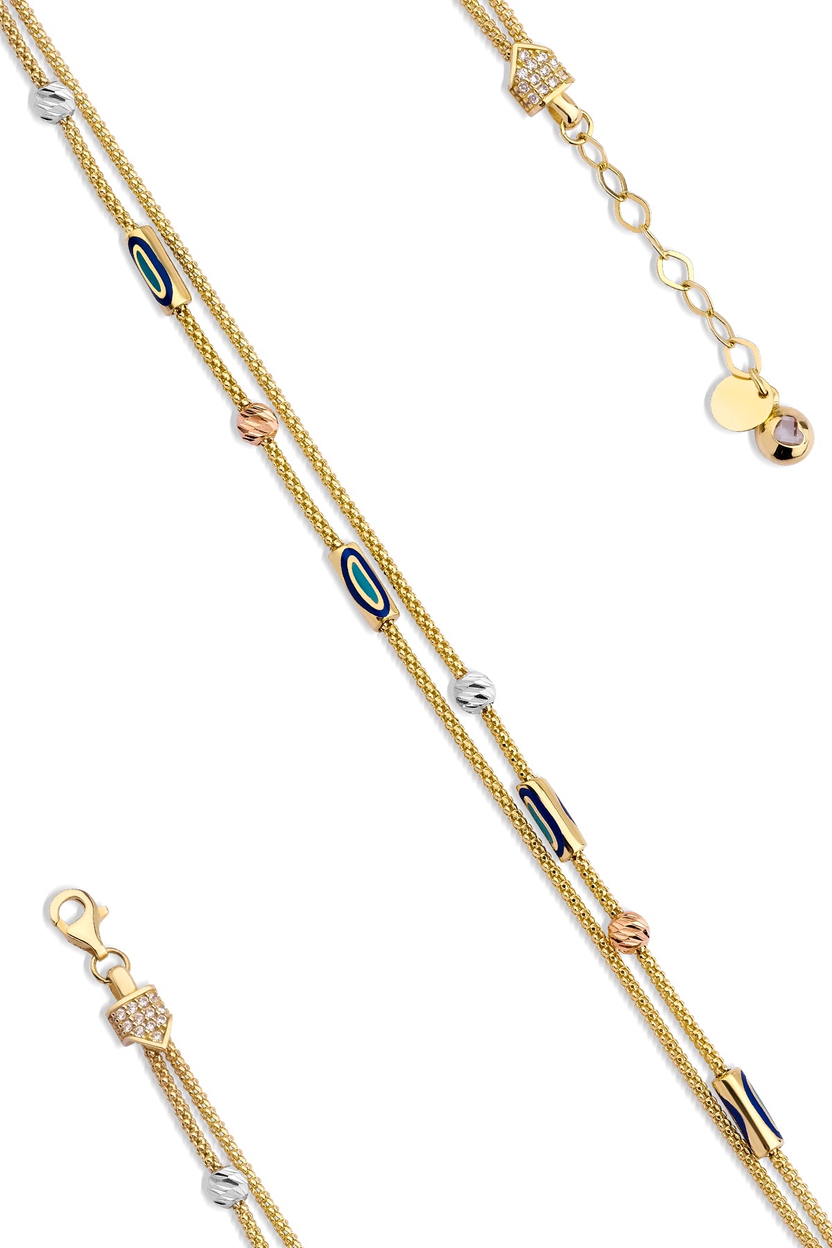 14ct Gold Double Fox Tail Bracelet with Evil Eye Detail