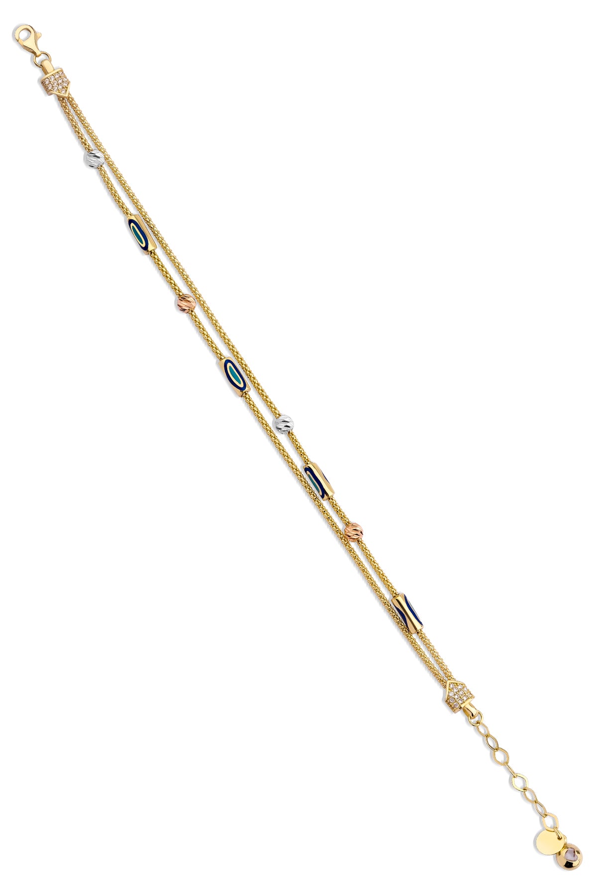 14ct Gold Double Fox Tail Bracelet with Evil Eye Detail