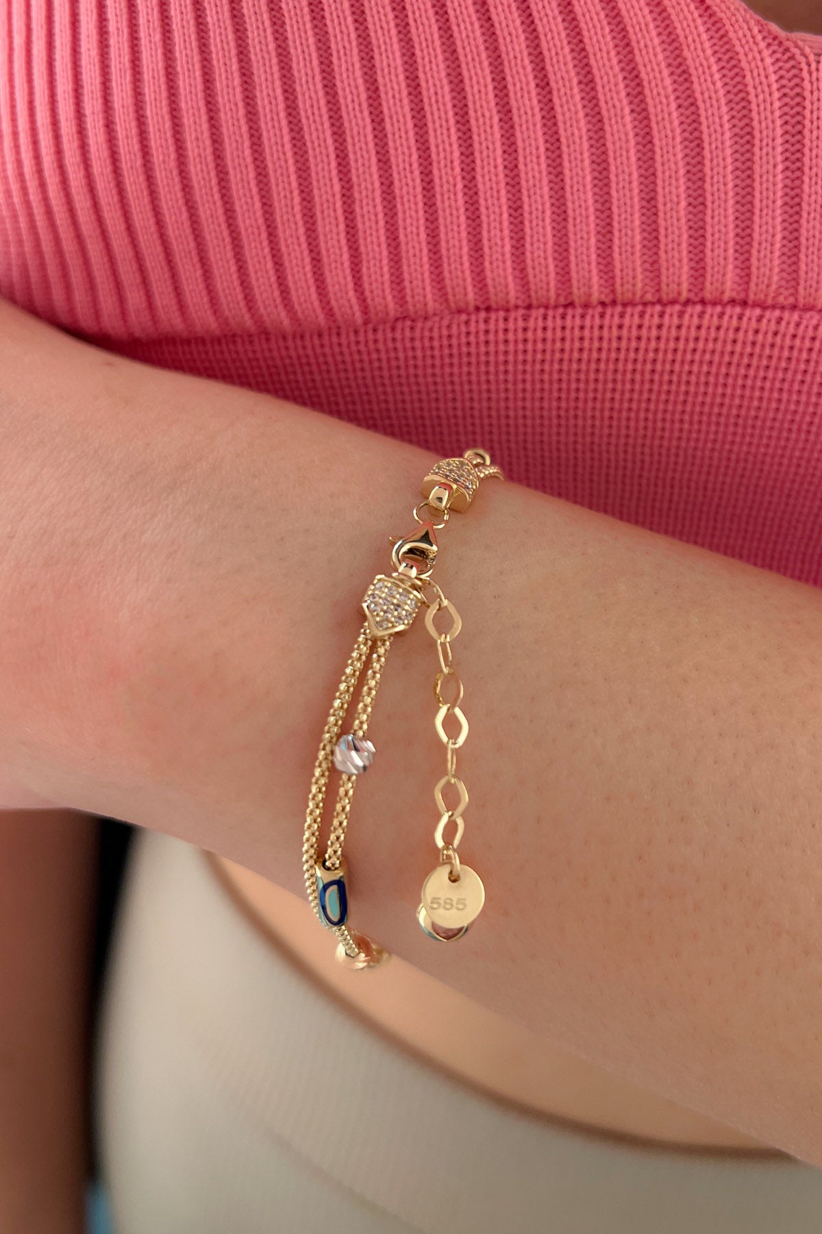 14ct Gold Double Fox Tail Bracelet with Evil Eye Detail