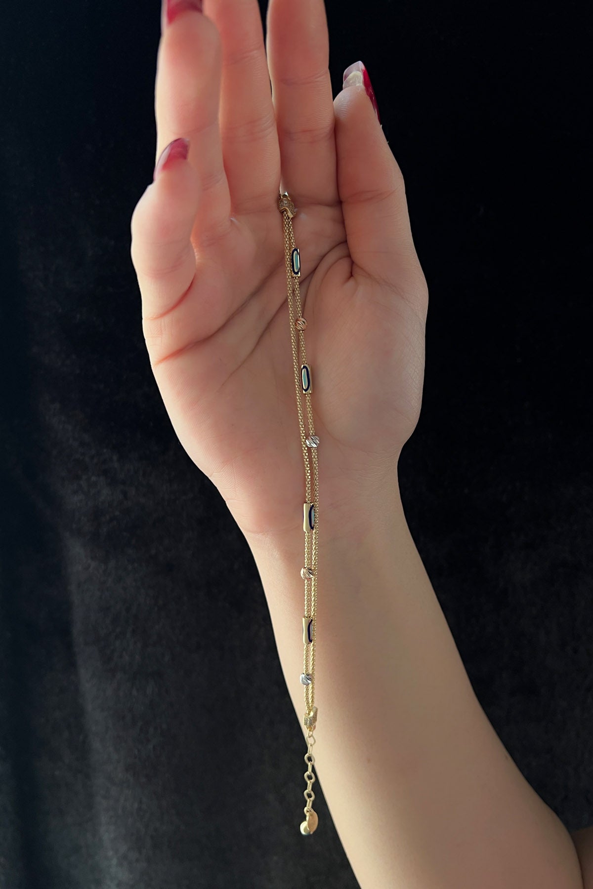 14ct Gold Double Fox Tail Bracelet with Evil Eye Detail