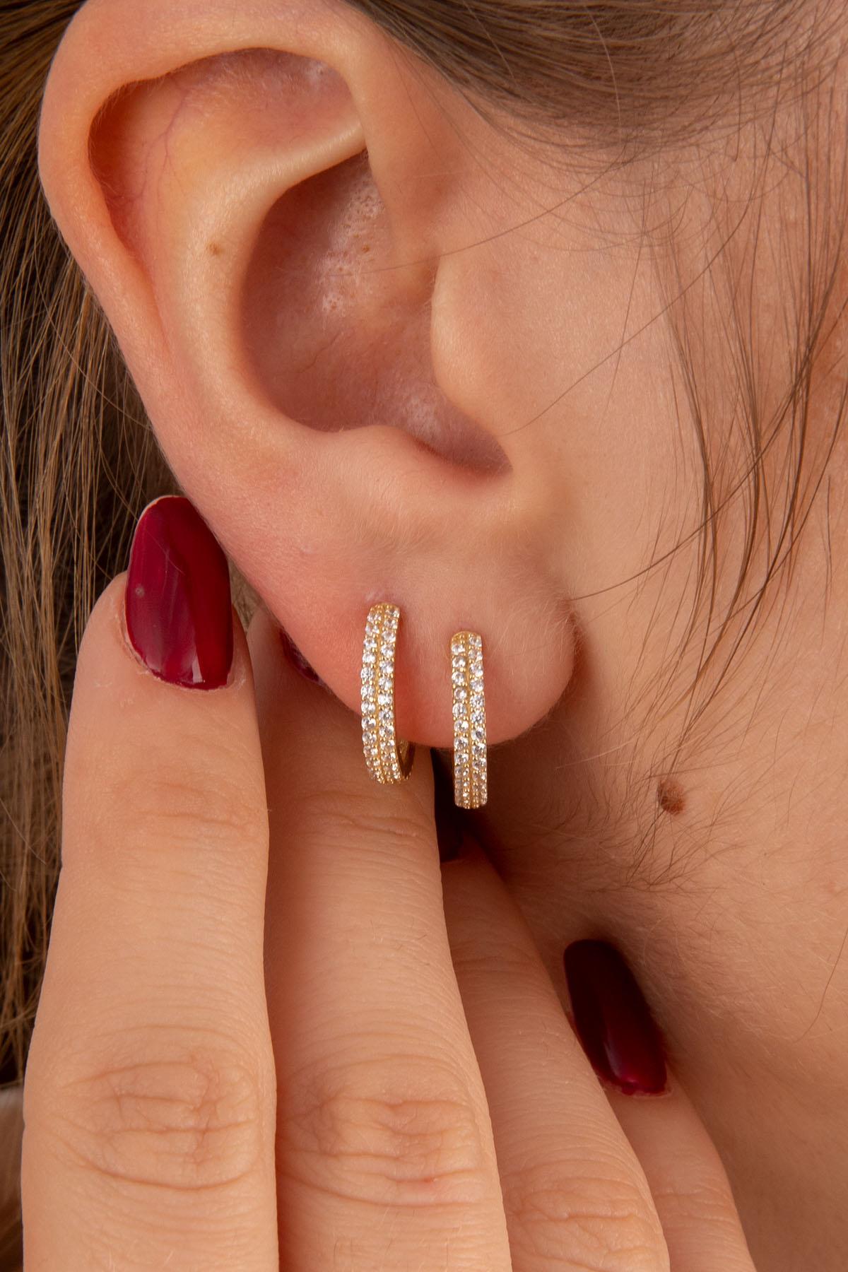 14ct Gold Double Row Stone Huggie Hoop Earrings