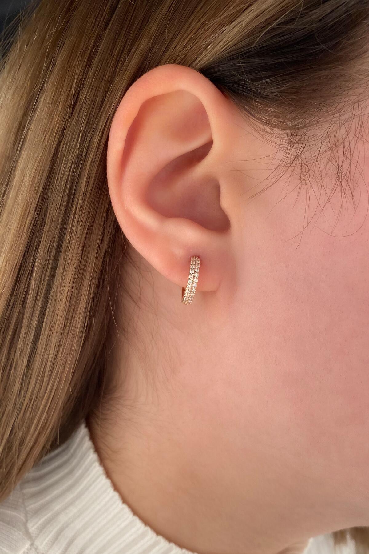 14ct Gold Double Row Stone Huggie Hoop Earrings 4