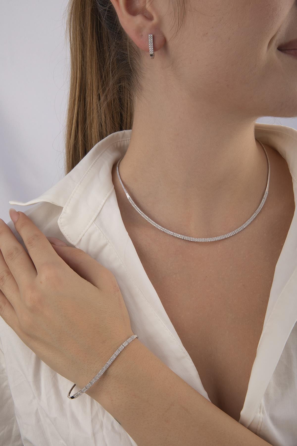 14ct Gold Double Row Tennis Set  (Necklace , Earrings , Bracelet )