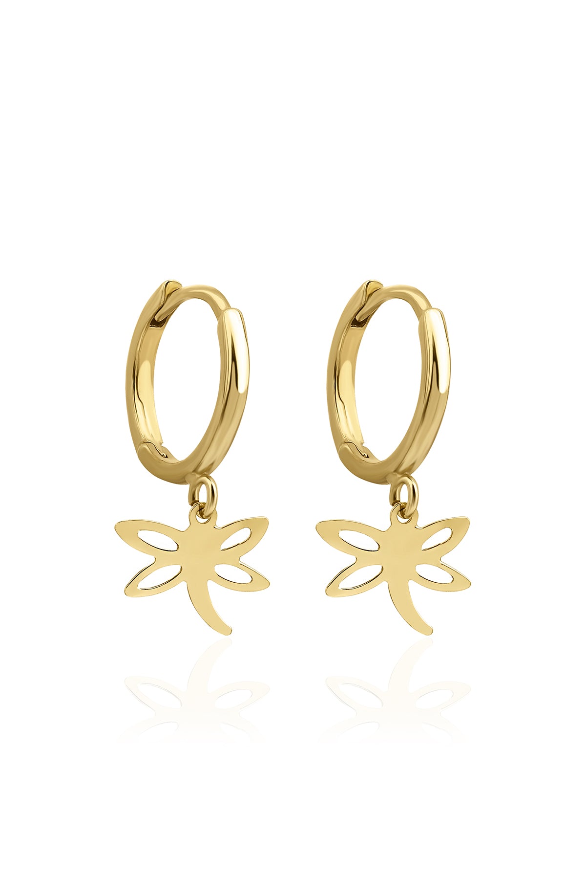14K Gold Dragonfly Dangle Huggie Earrings