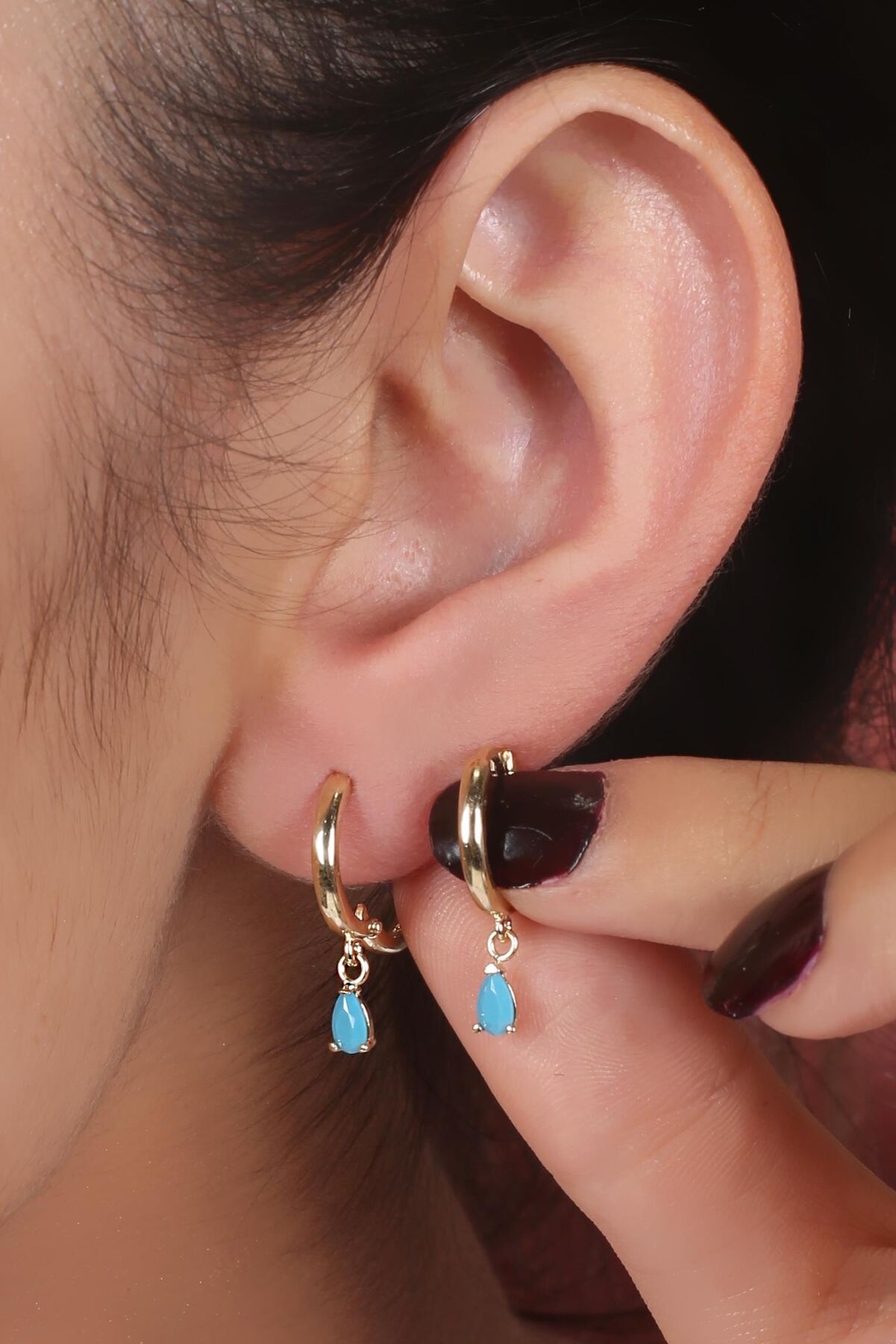 14ct Gold Drop Shaped Turquoise Stone Dangle Huggie Earrings