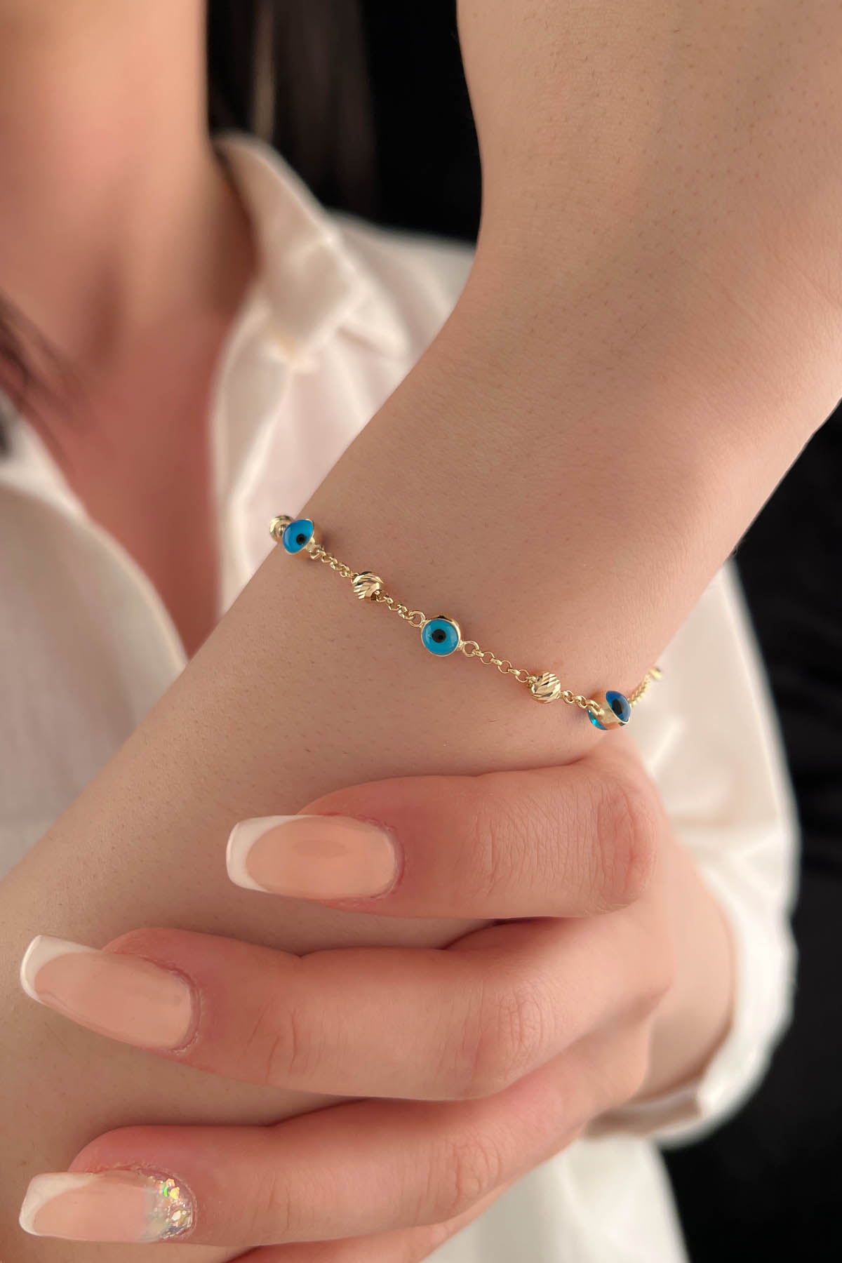14ct Gold Evil Eye And Diamond Cut Ball Bracelet