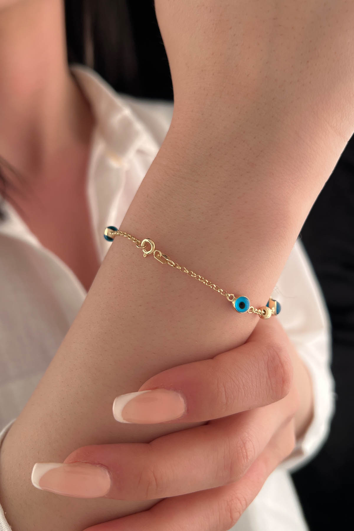 14ct Gold Evil Eye And Diamond Cut Ball Bracelet