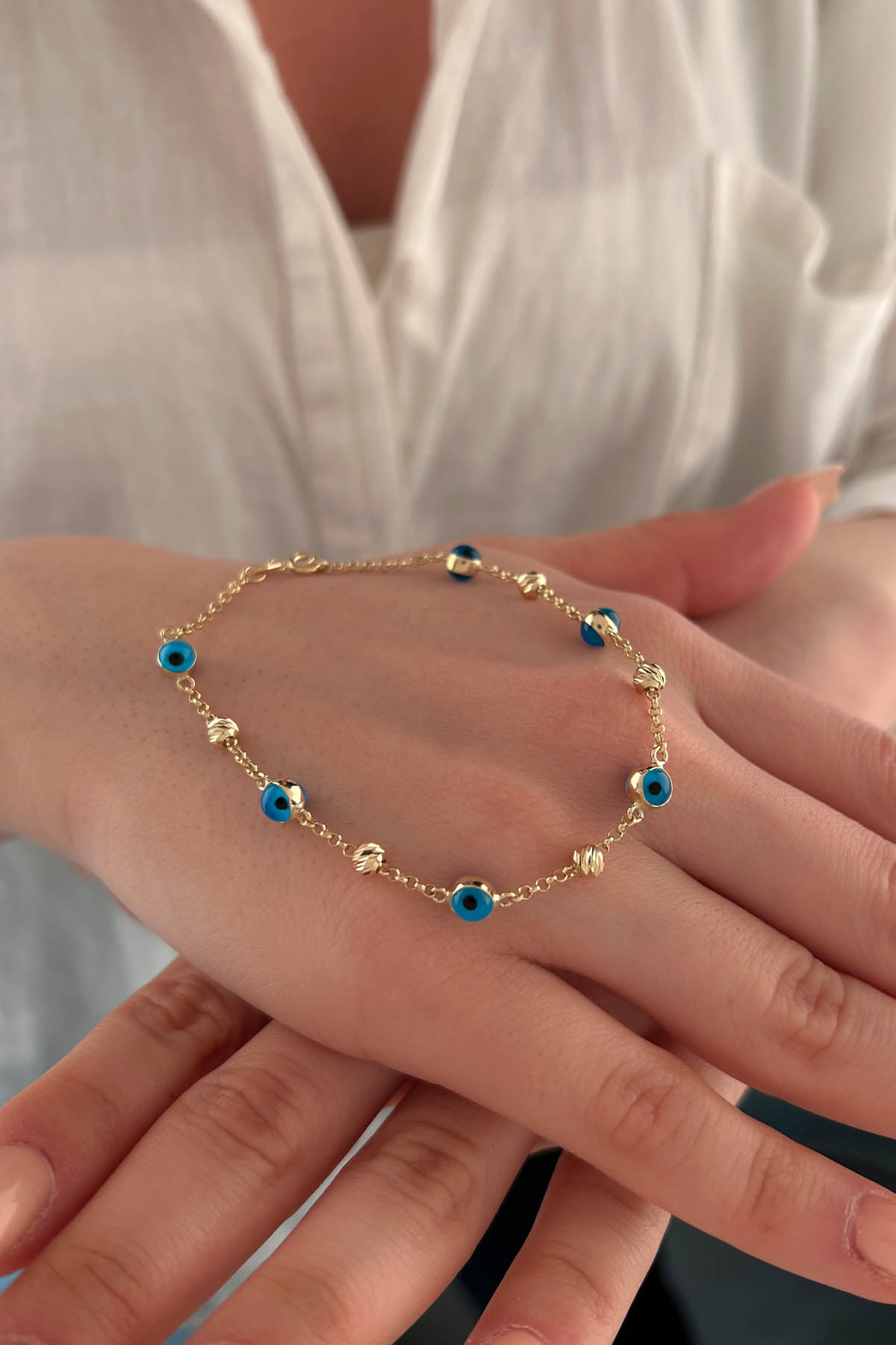 14ct Gold Evil Eye And Diamond Cut Ball Bracelet