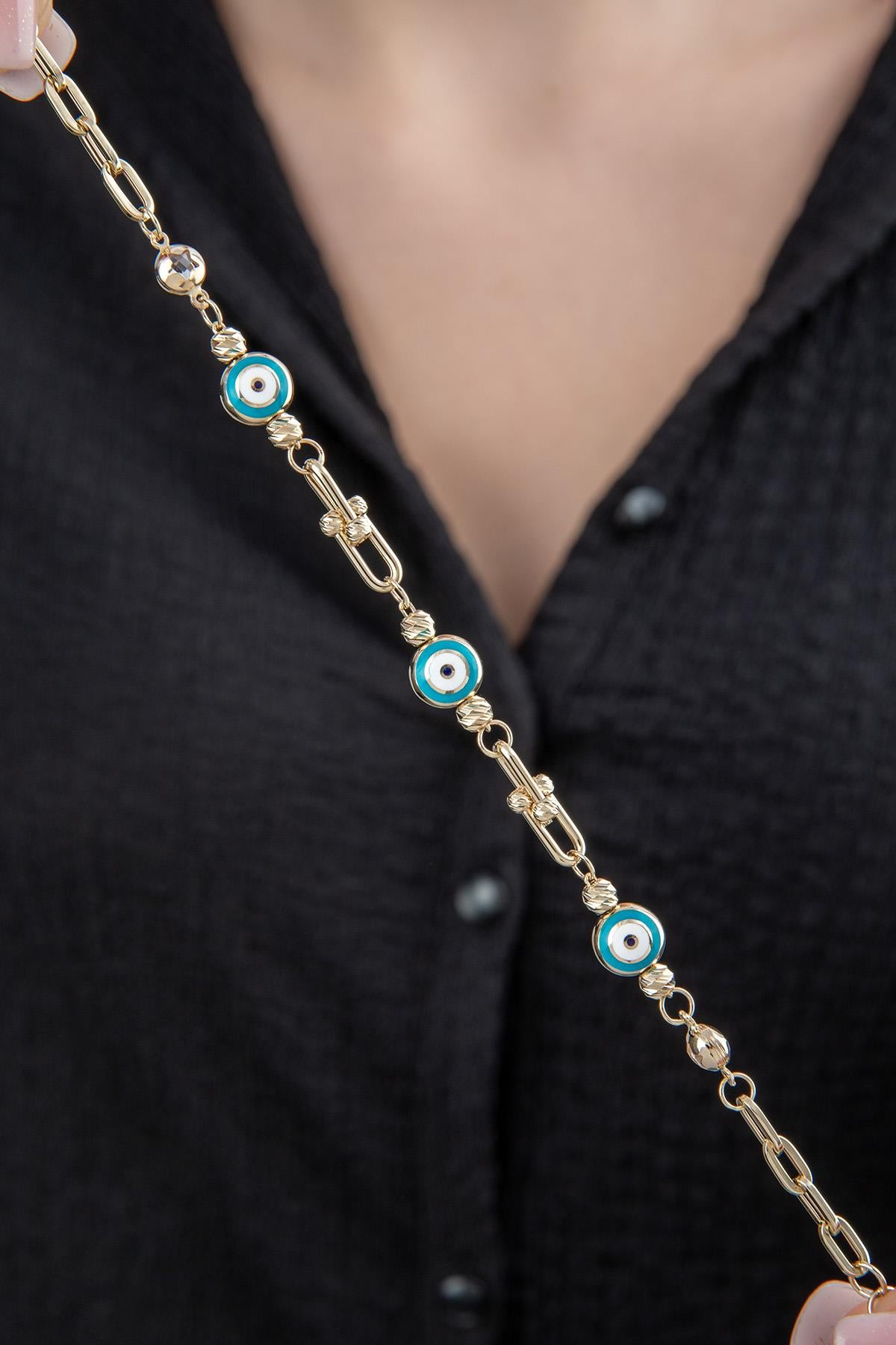 14K Gold Evil Eye Beaded Ball Paperclip Chain Bracelet