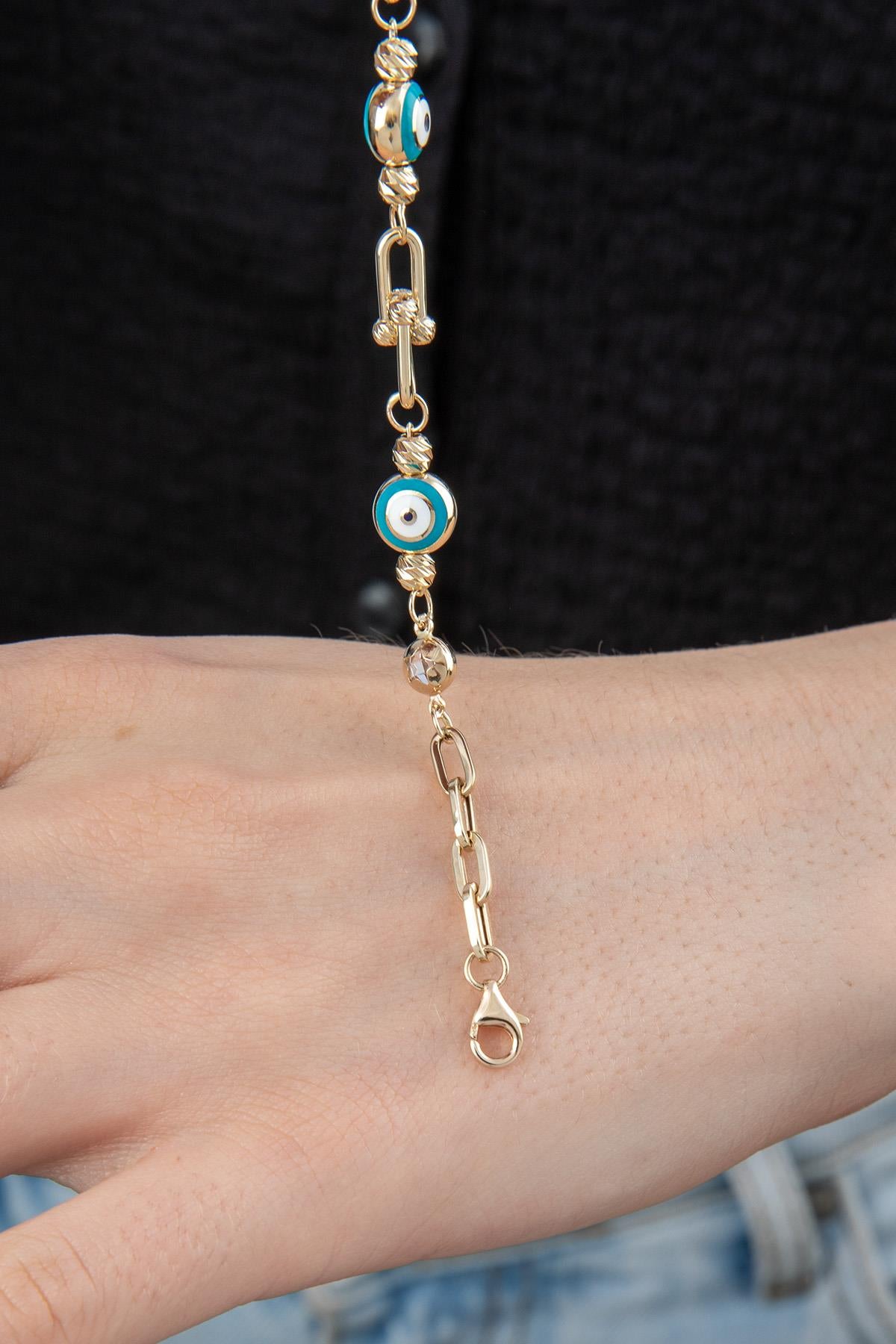14K Gold Evil Eye Beaded Ball Paperclip Chain Bracelet