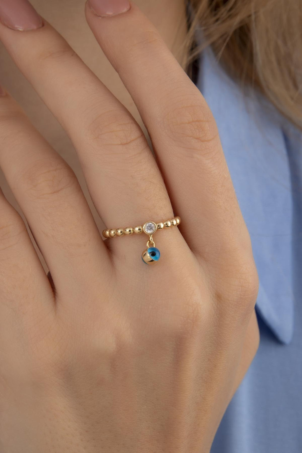 14ct Gold Evil Eye Dangel Ring