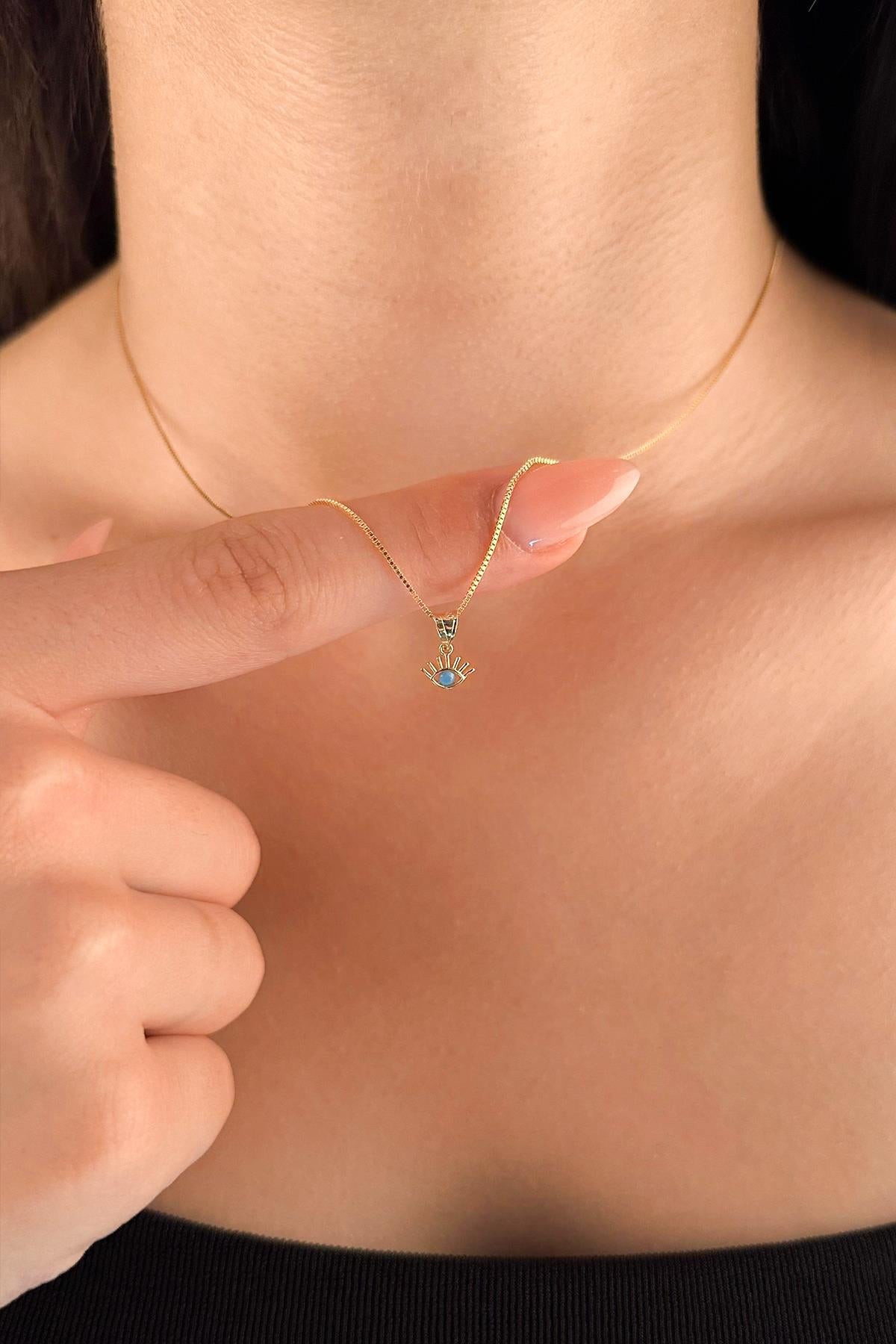 14ct Gold Fine Box Chain Evil Eye Necklace