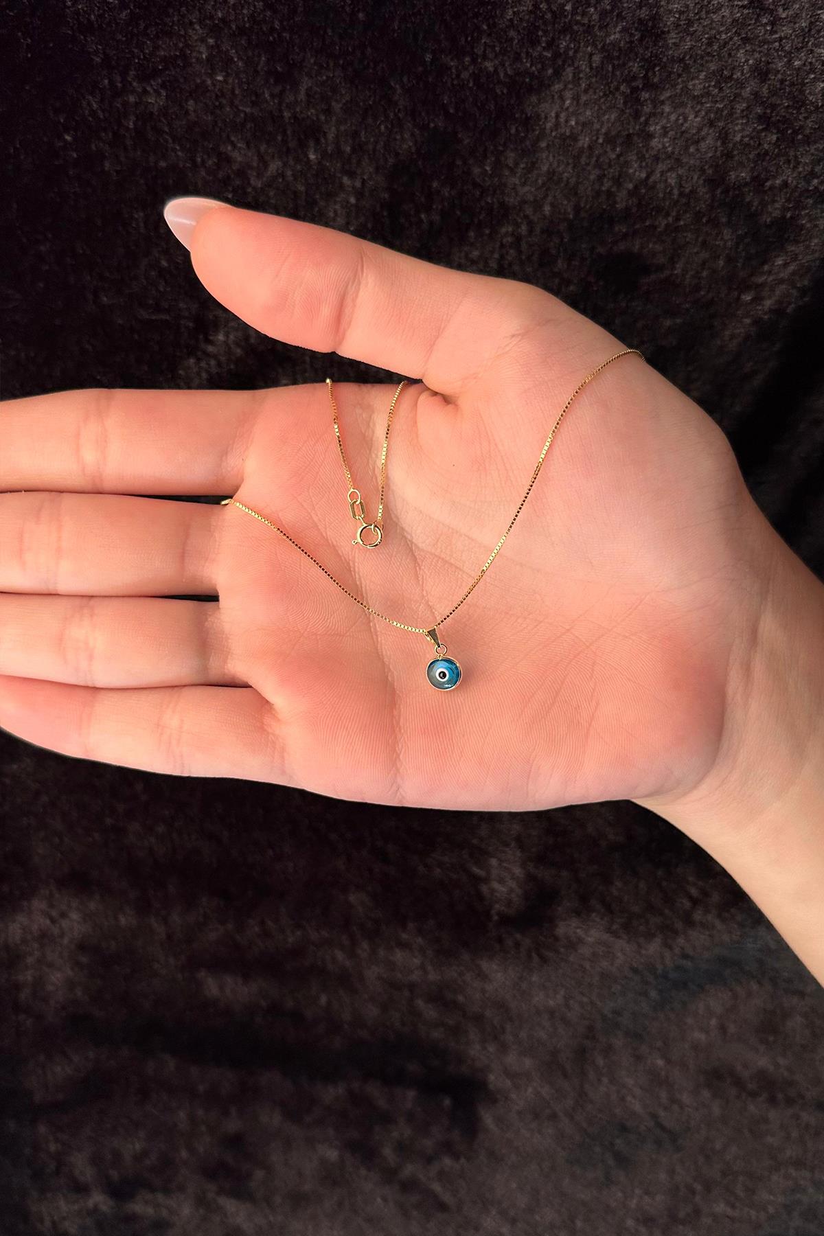 14K Gold Fine Box Chain Evil Eye Necklace