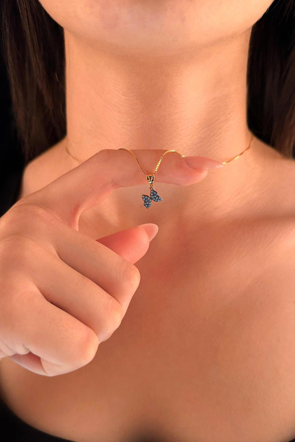 14ct Gold Fine Box Chain Turquoise Stone Butterfly Necklace