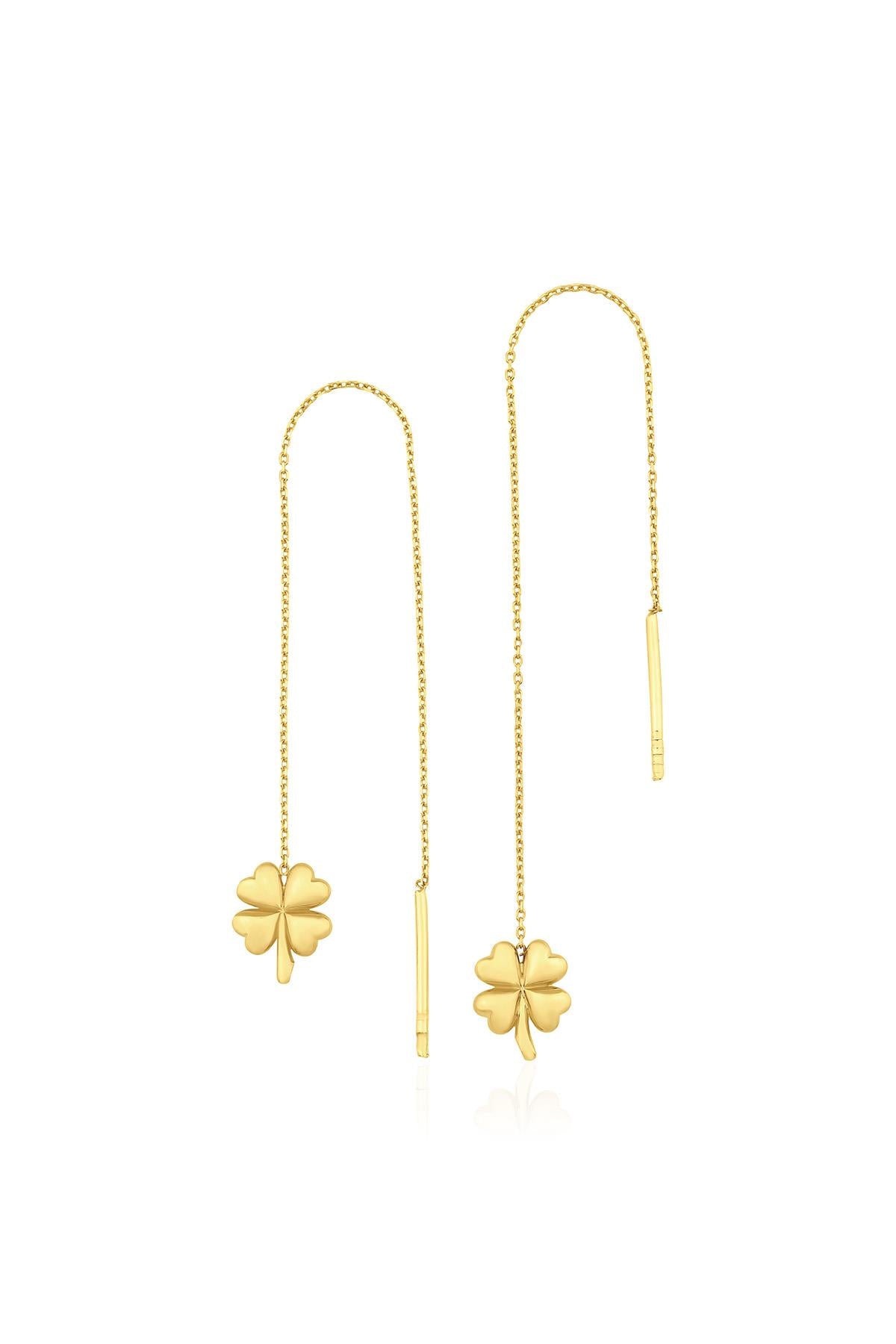 14ct Gold Fine Chain  Clover Dangle Stud Earrings