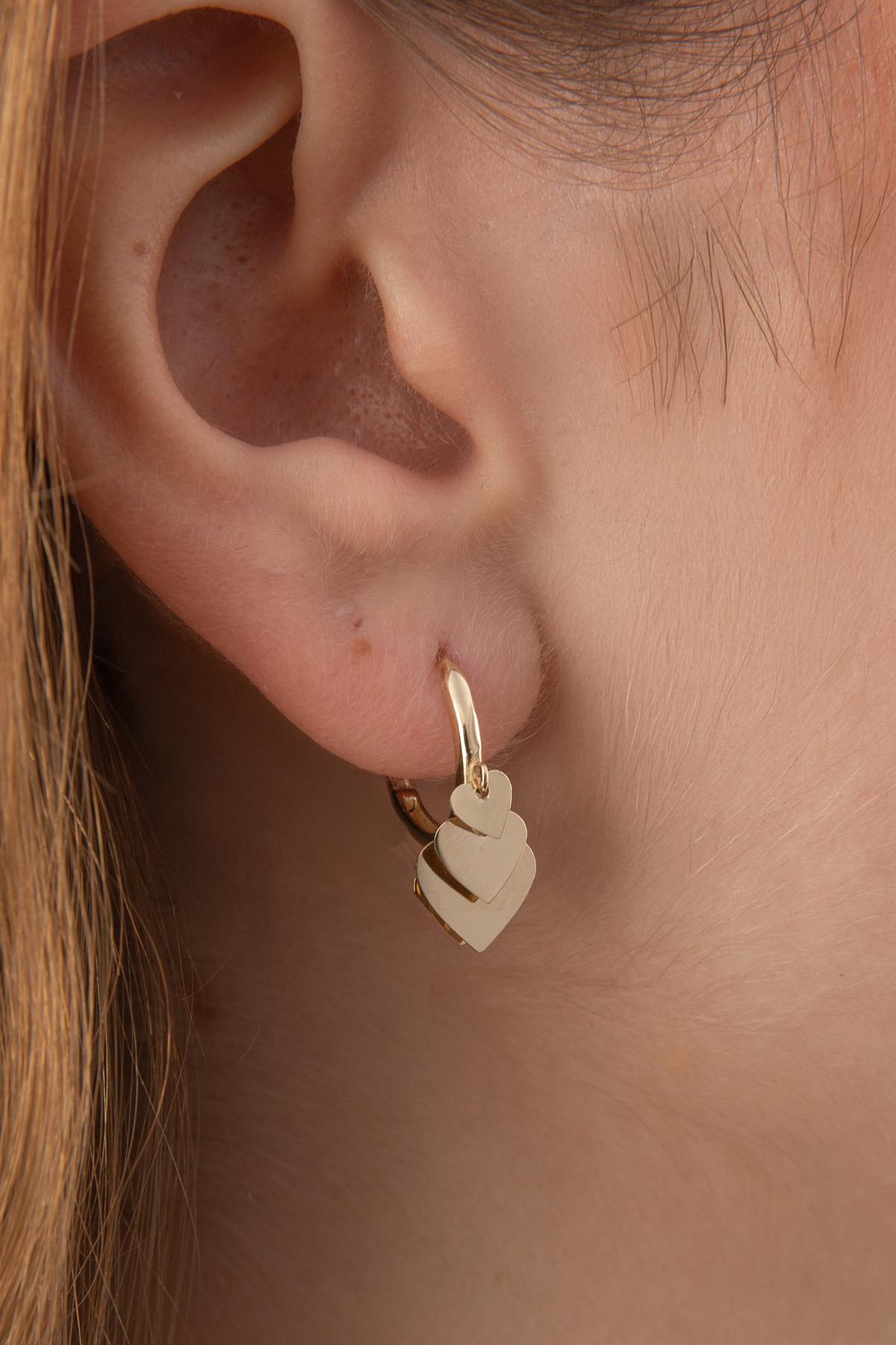 14ct Gold Flat Hearts Dangle Huggie Earrings