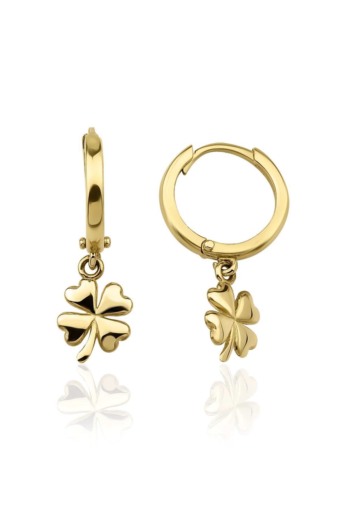 14ct Gold Four Leaf Clover Dangle Huggie Earrings