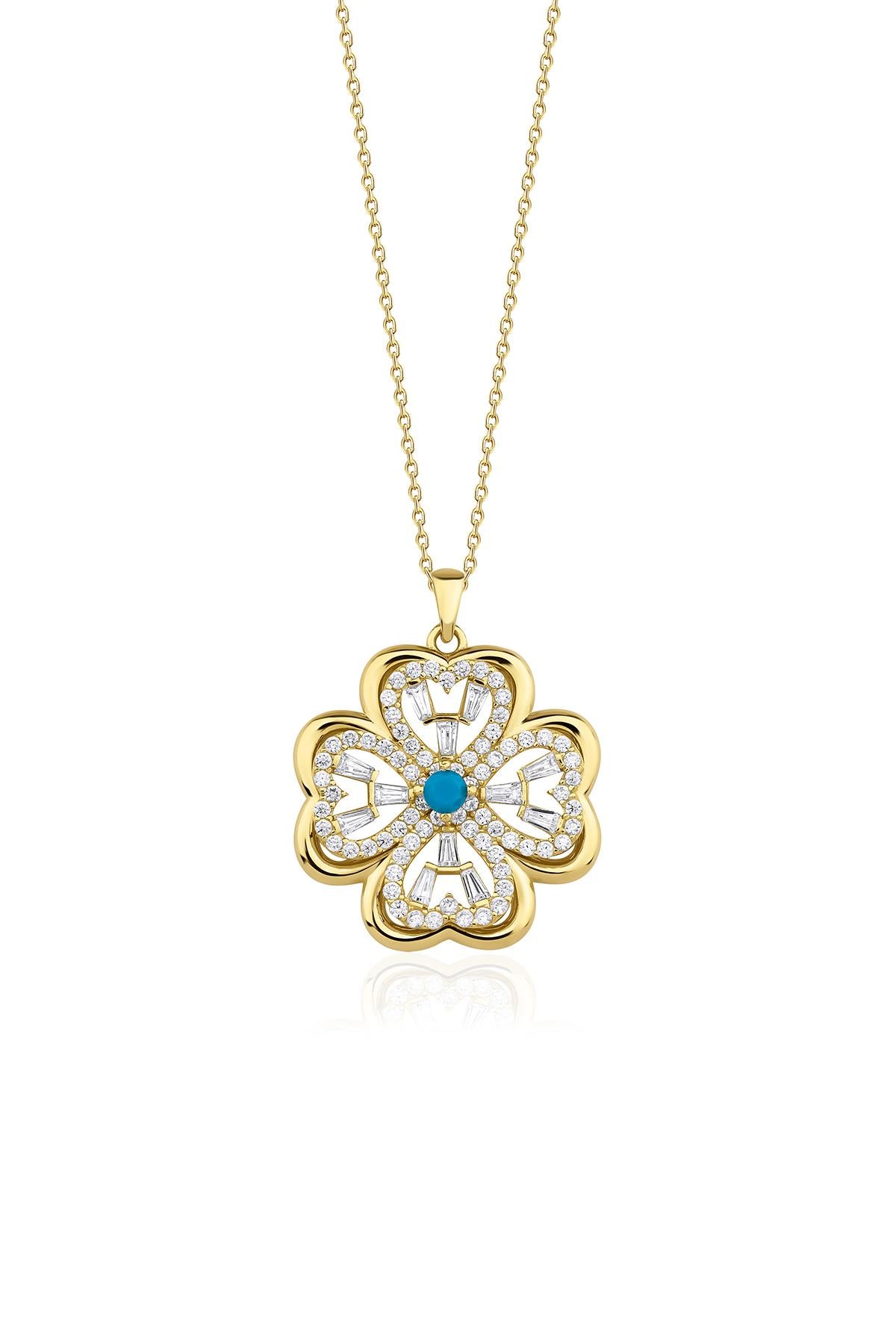 14K Gold Four Leaf Clover Necklace With Turquoise Stone İn The Middle