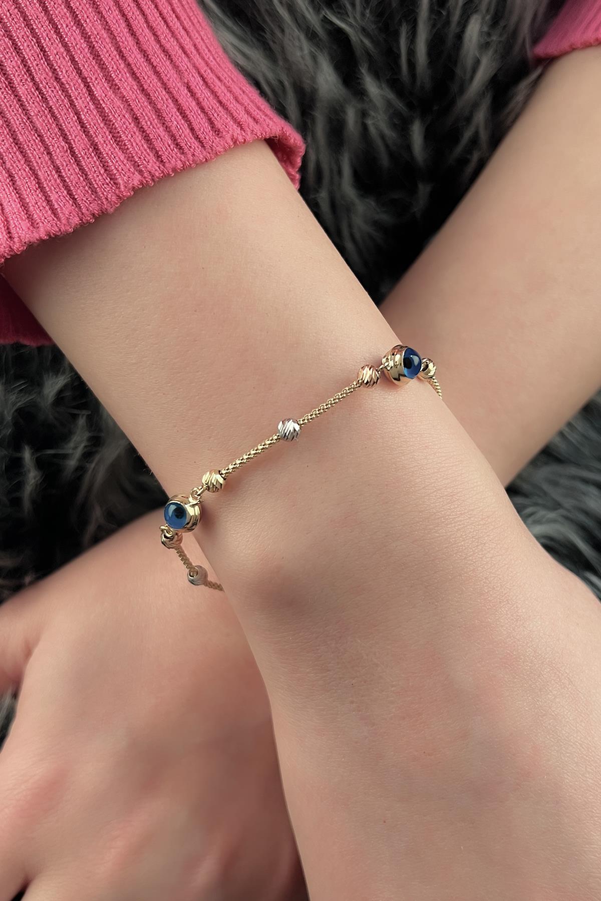 14K Gold Foxtail Evil Eye Bracelet