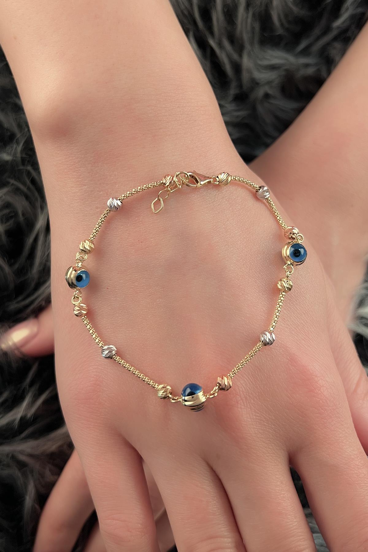 14K Gold Foxtail Evil Eye Bracelet