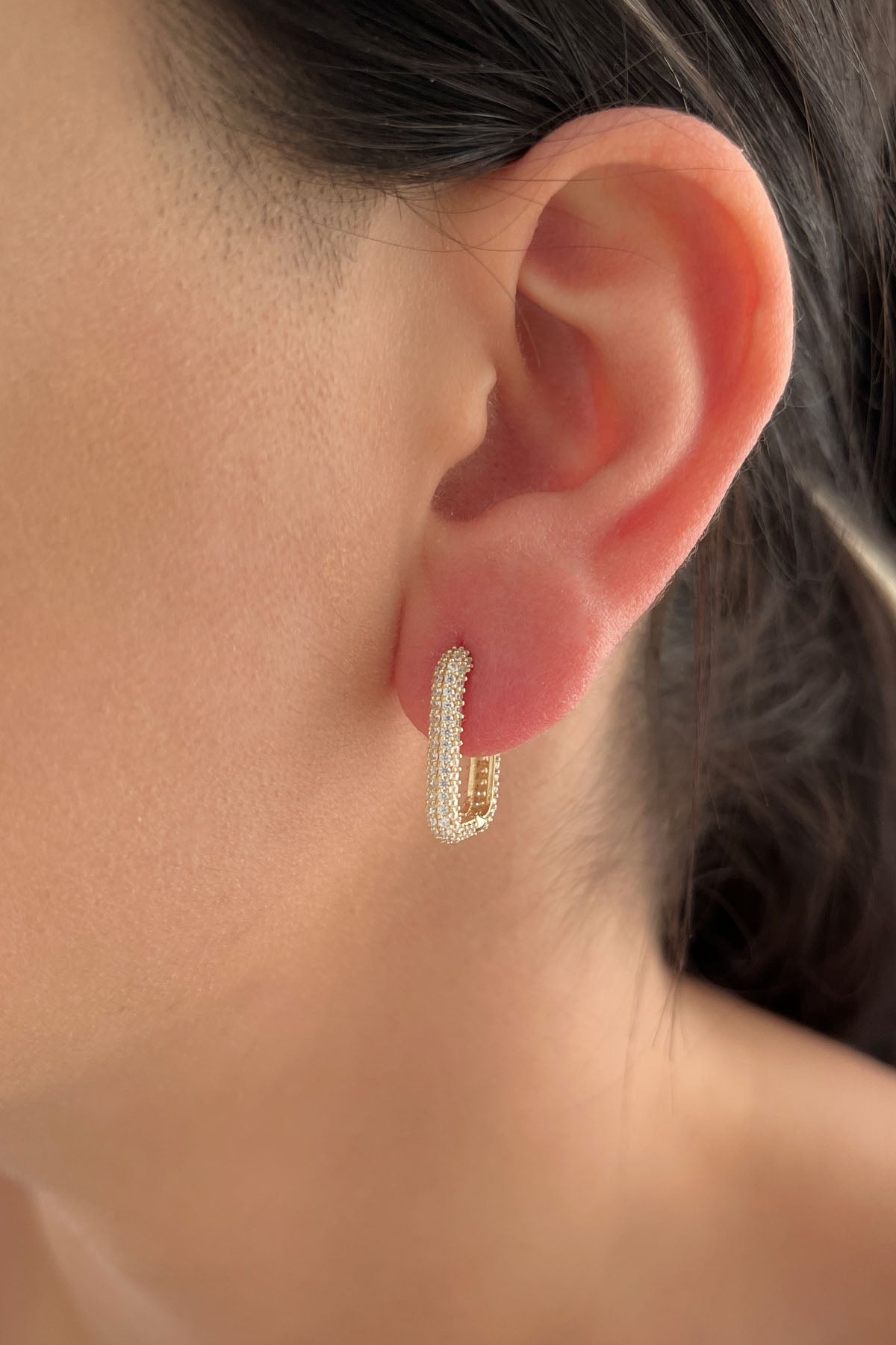 14K Gold Full Stone U Shape Huggie Earrings