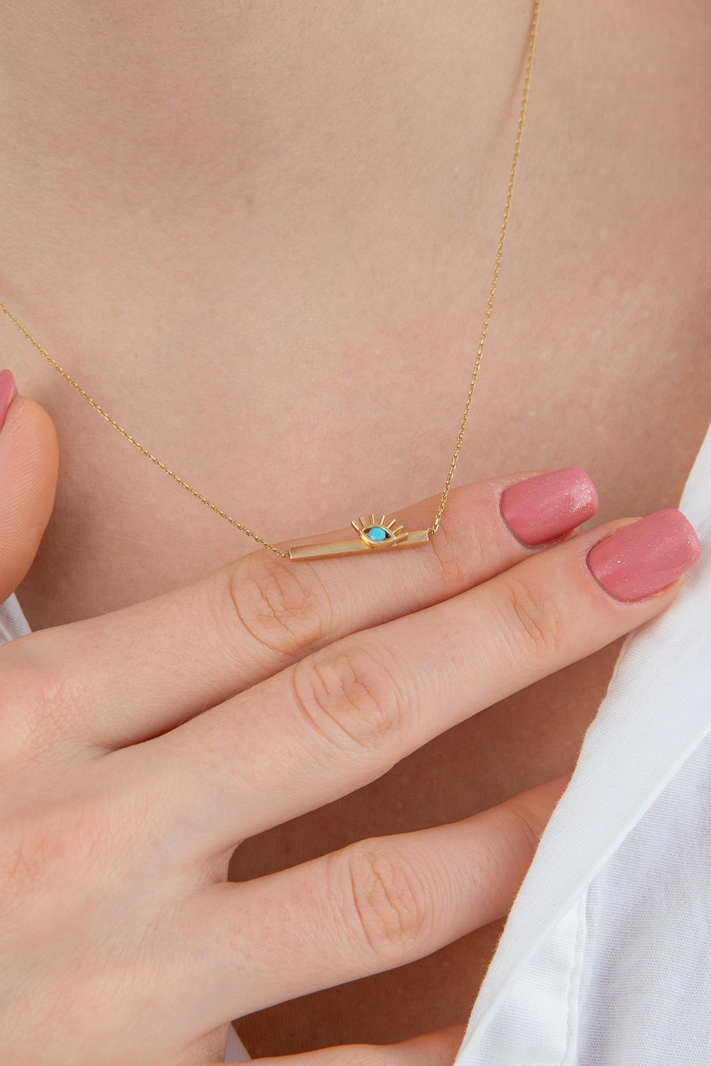 14ct Gold Horizontal Bar Evil Eye Necklace