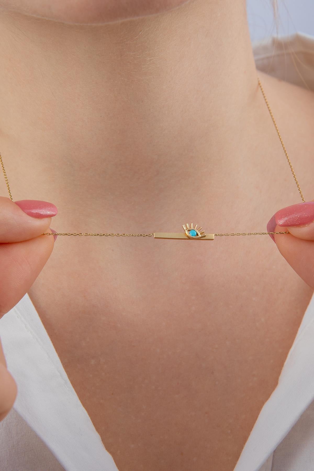 14ct Gold Horizontal Bar Evil Eye Necklace