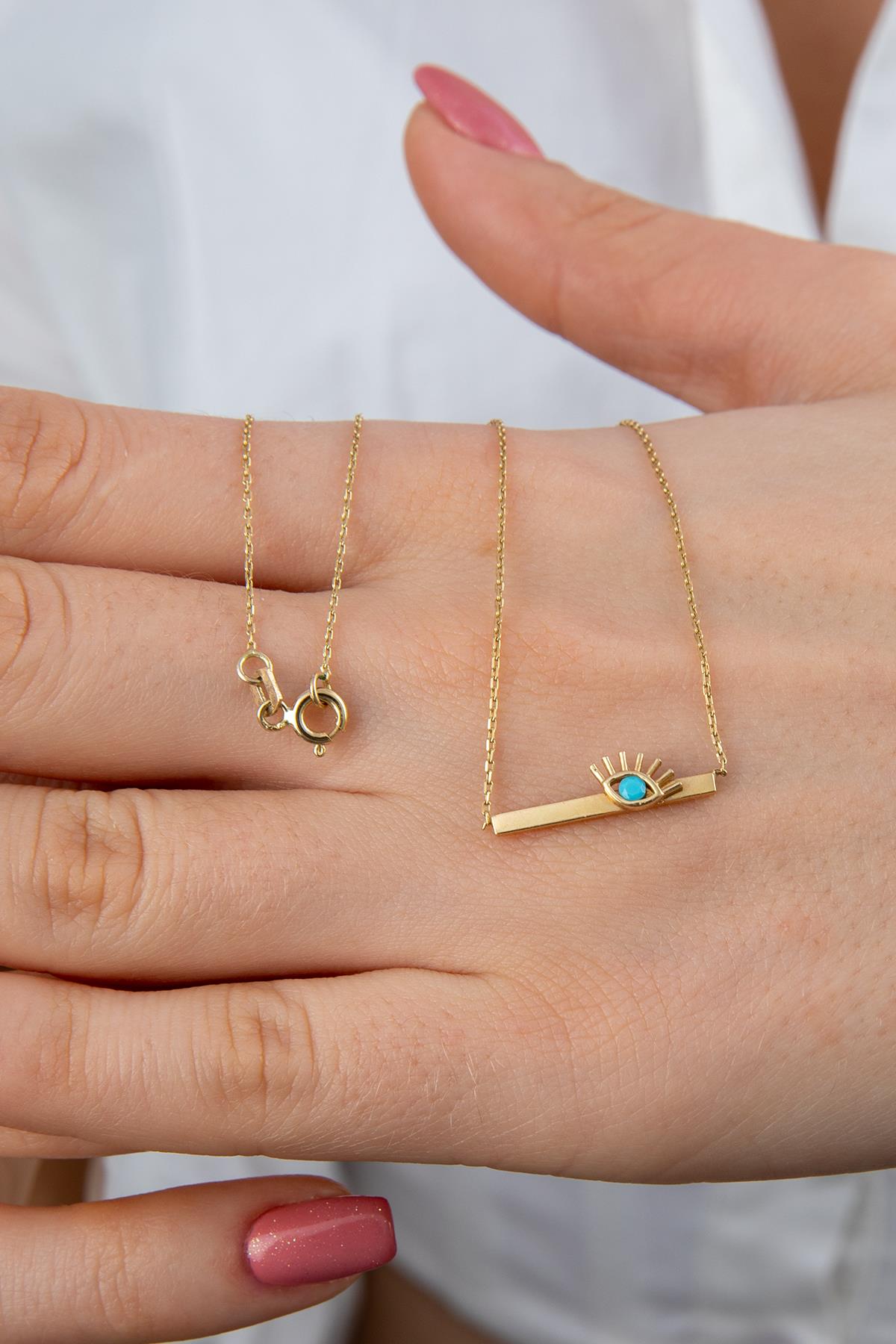 14ct Gold Horizontal Bar Evil Eye Necklace