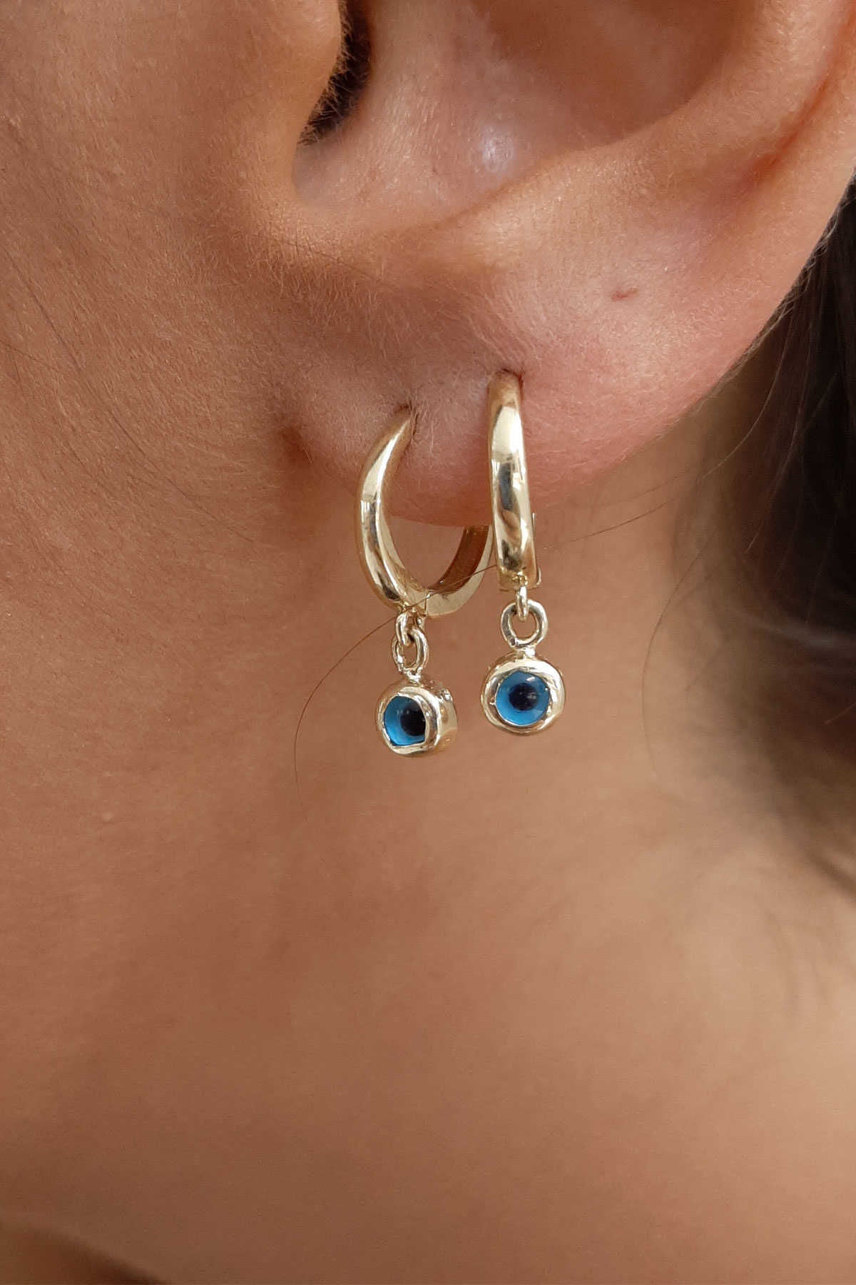 14ct Gold Huggie Earrings Evil Eye Dangle