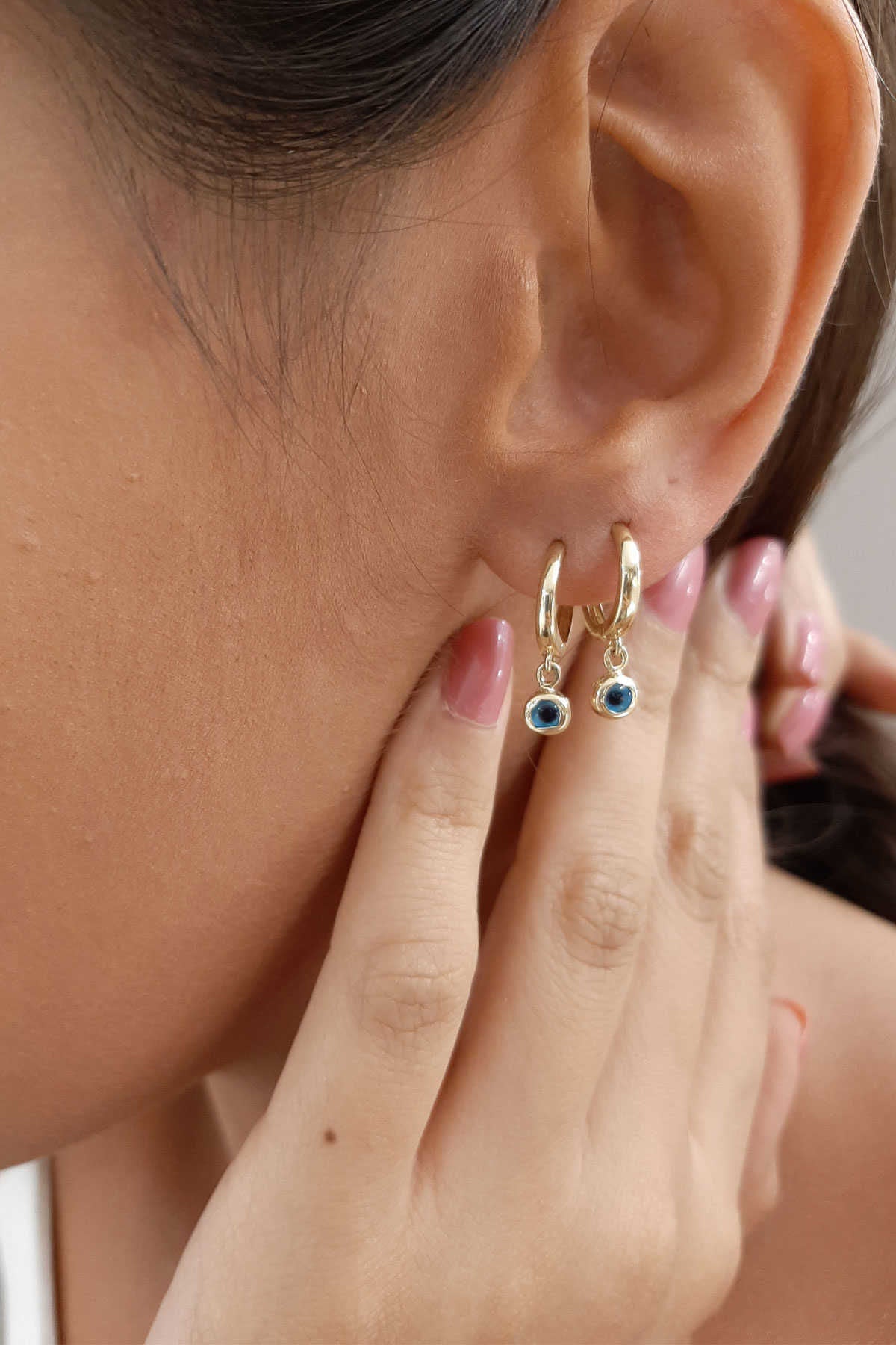 14ct Gold Huggie Earrings Evil Eye Dangle