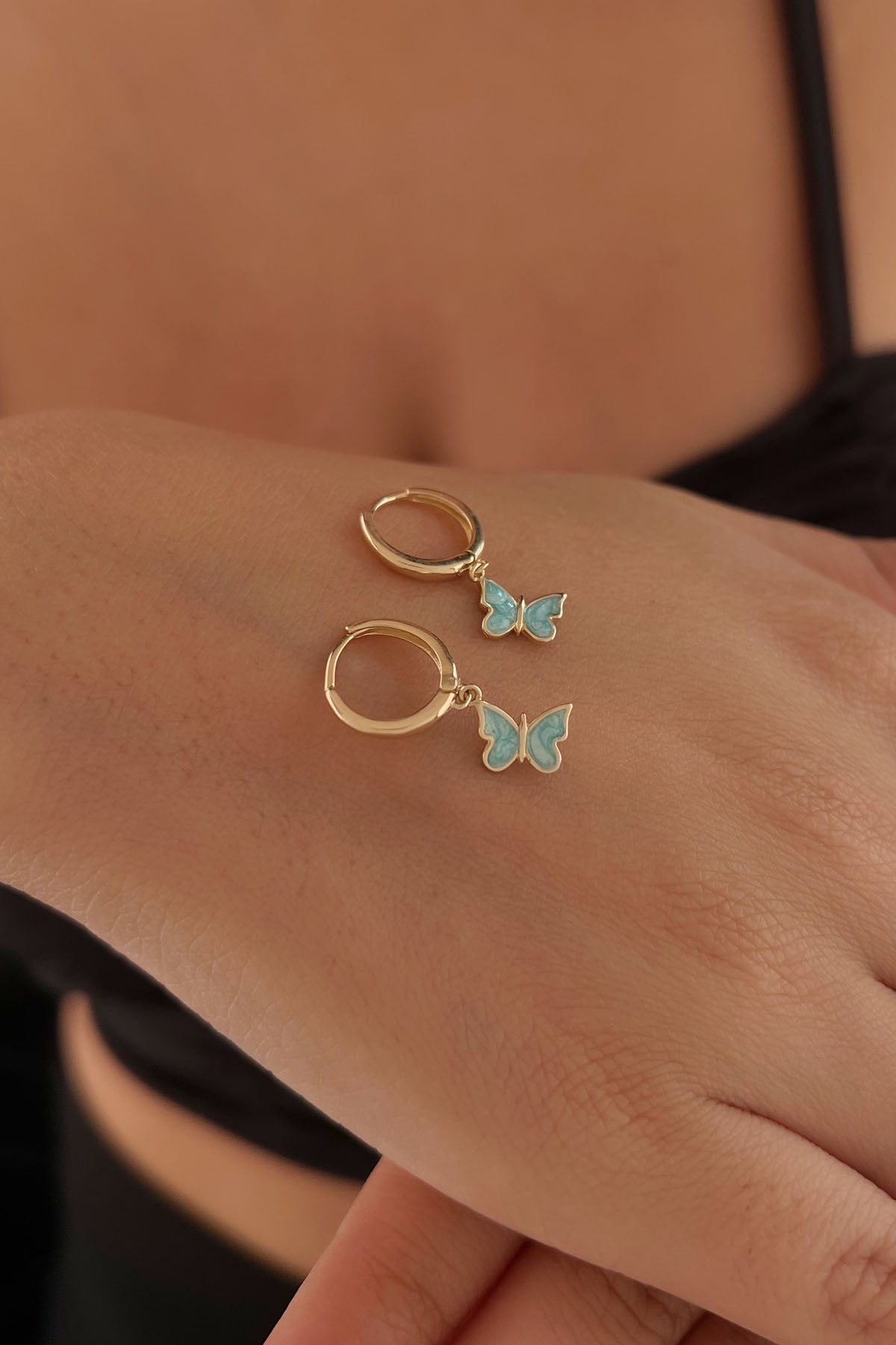 14ct Gold Huggie Earrings Light Blue Enamel Butterfly Dangle