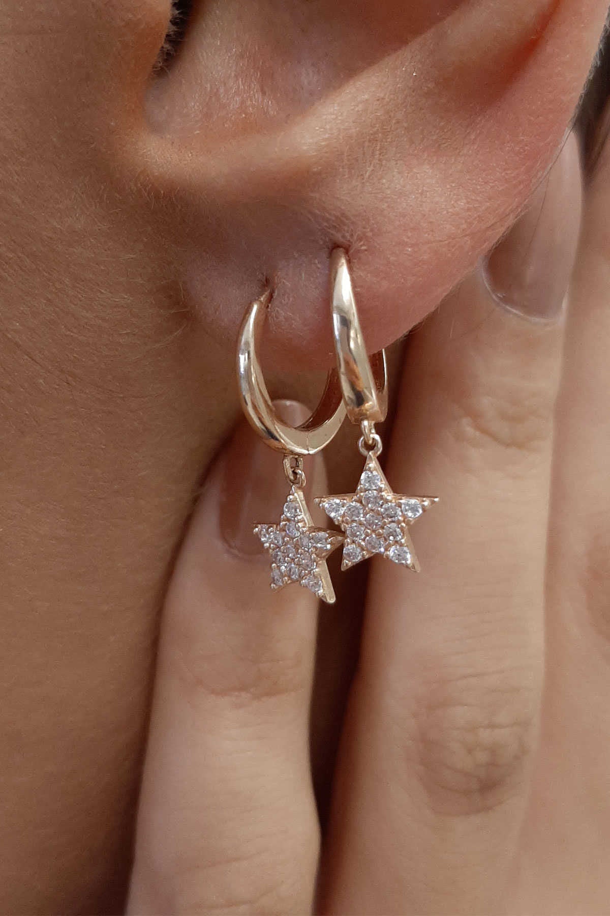 14ct Gold Huggie Earrings Stone Star Dangle