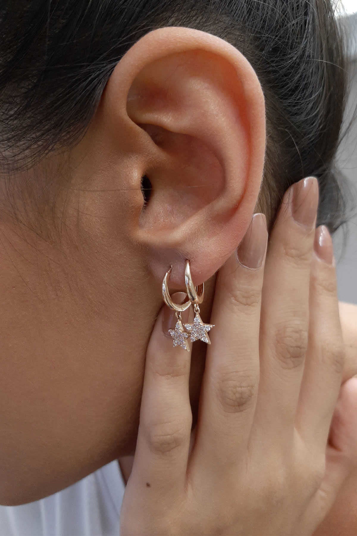 14ct Gold Huggie Earrings Stone Star Dangle