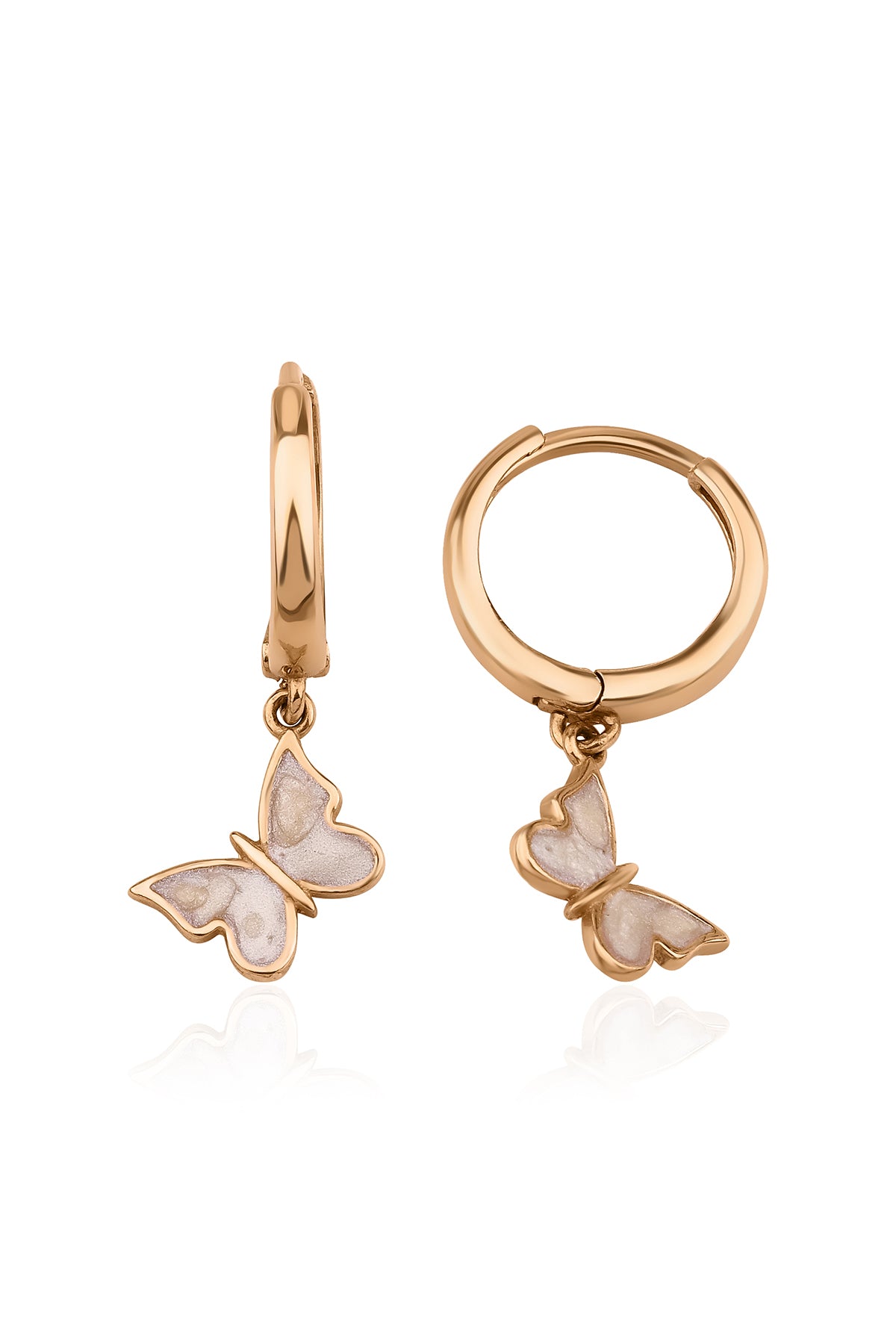 14K Gold Huggie White Enamel Butterfly Shaped Dangle Earrings
