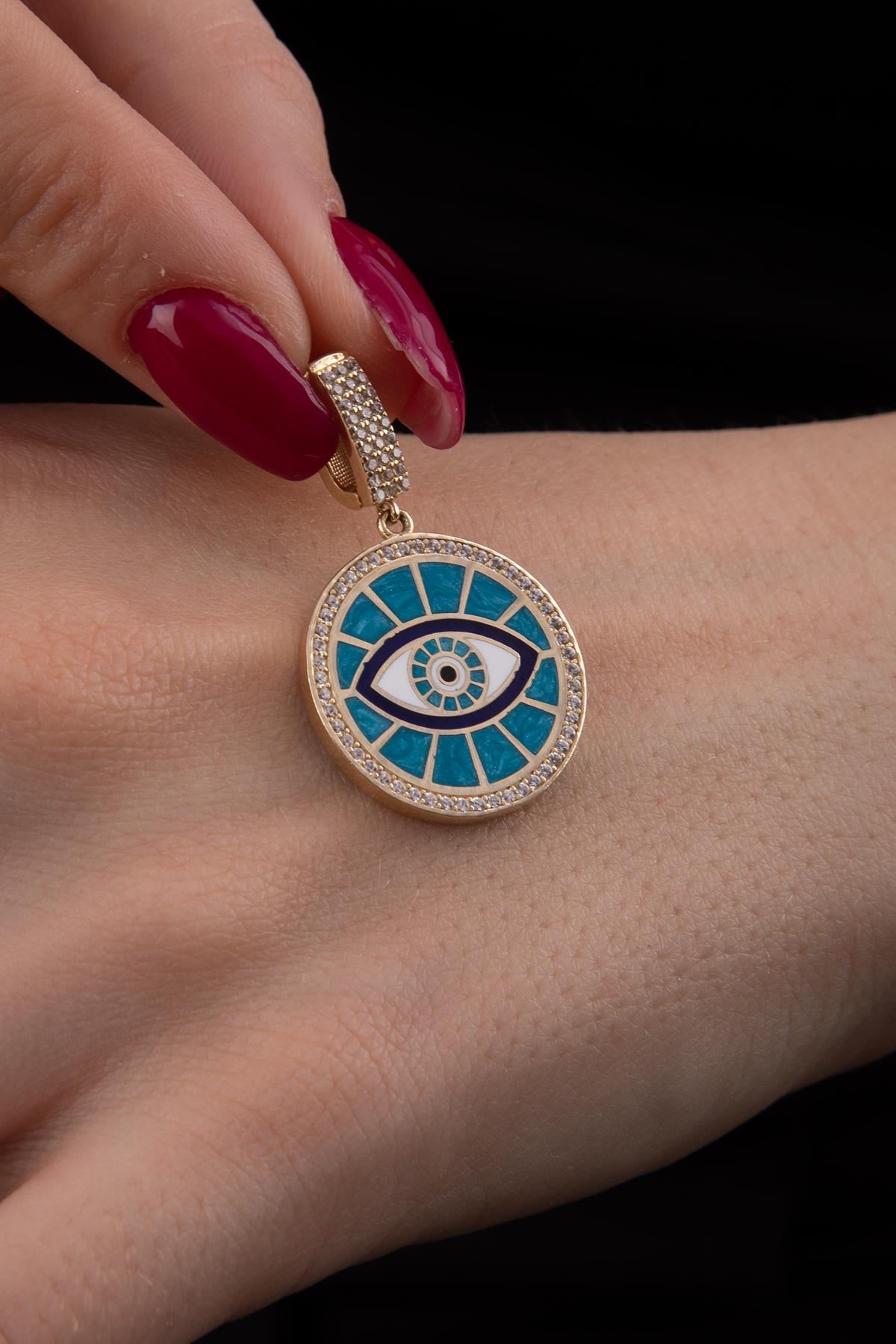 14K Gold Light Blue Enamel Evil Eye Charm