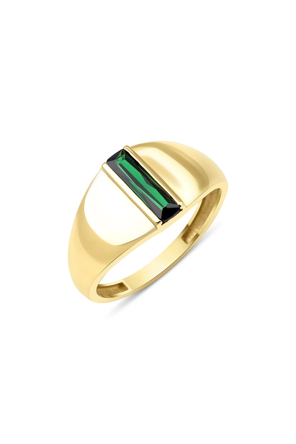14ct Gold Long Green Baguette Ring