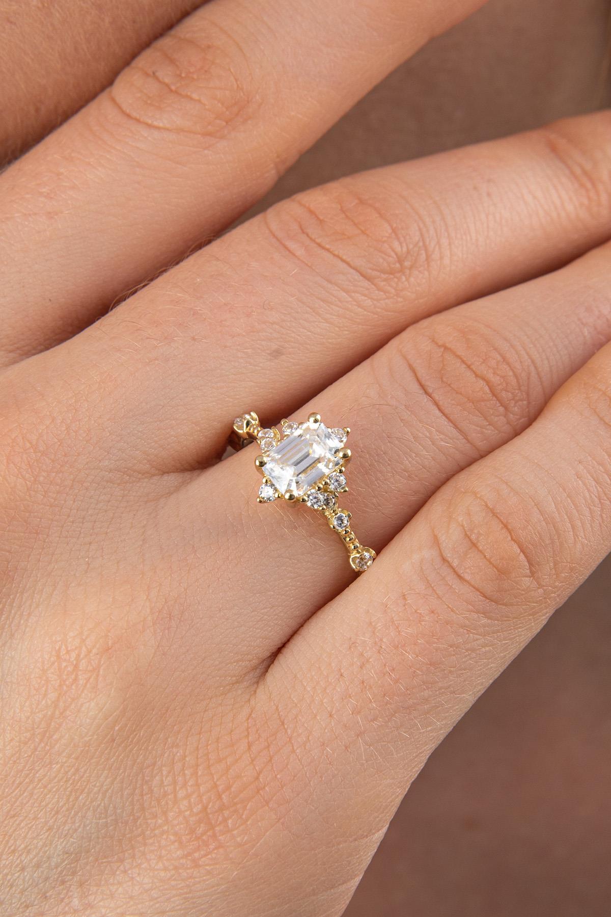 14ct Gold Lotus Rose Ring With Baguette Ring