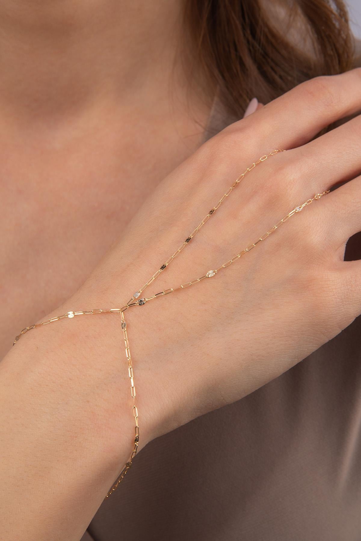 14ct Gold Mirror Link Paperclip Hand Chain