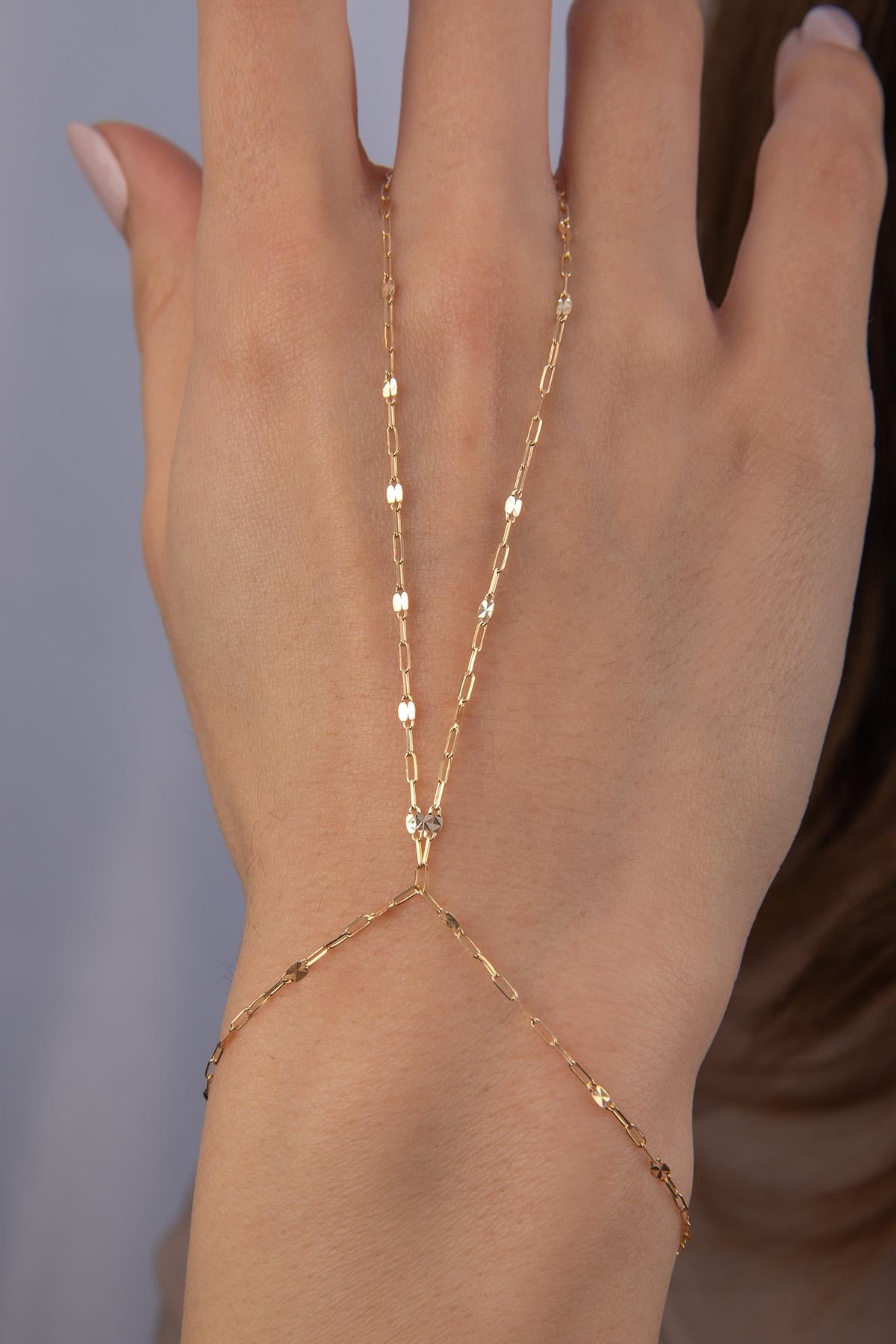 14ct Gold Mirror Link Paperclip Hand Chain