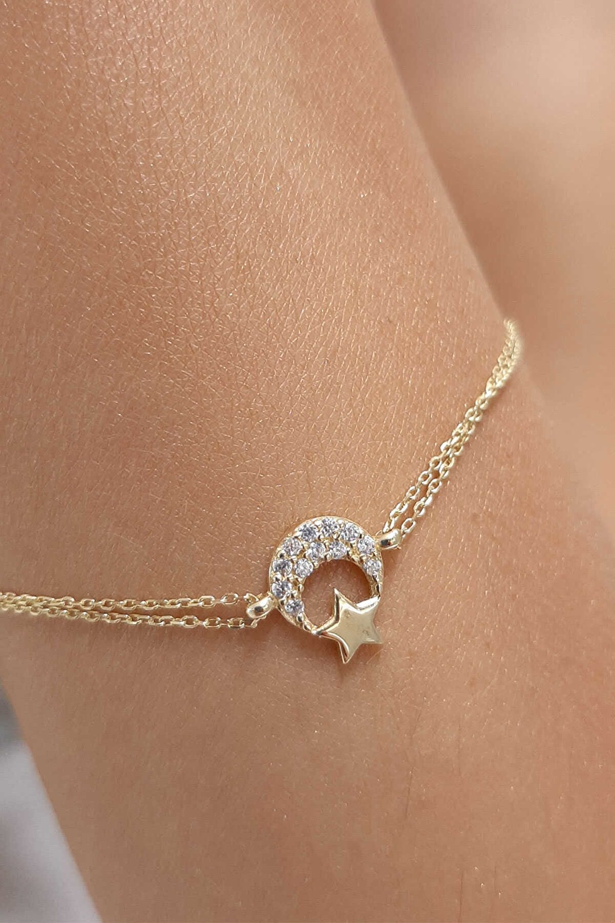 14K Gold Moon Star Bracelet With Stone