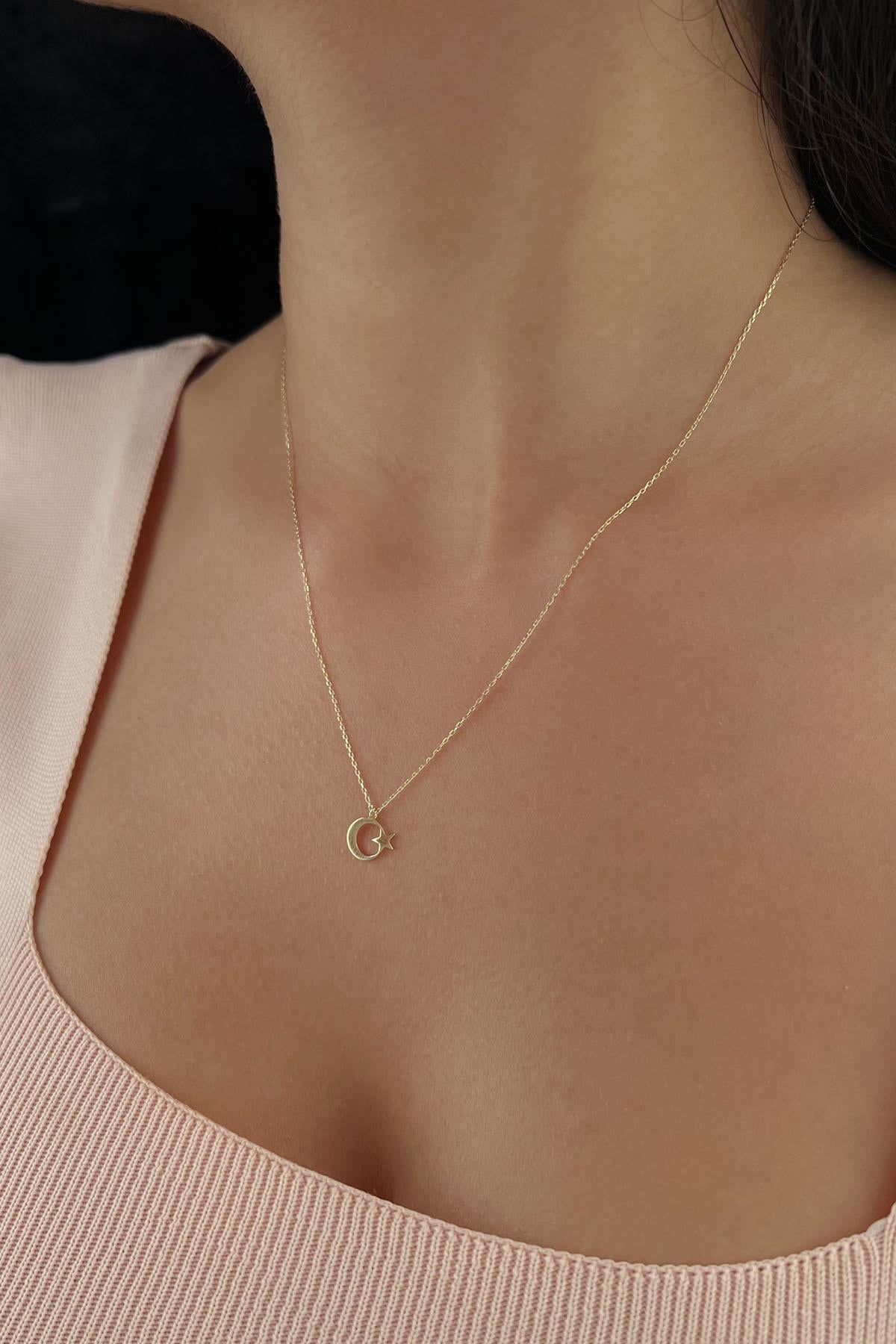 14K Gold Moon Star Necklace