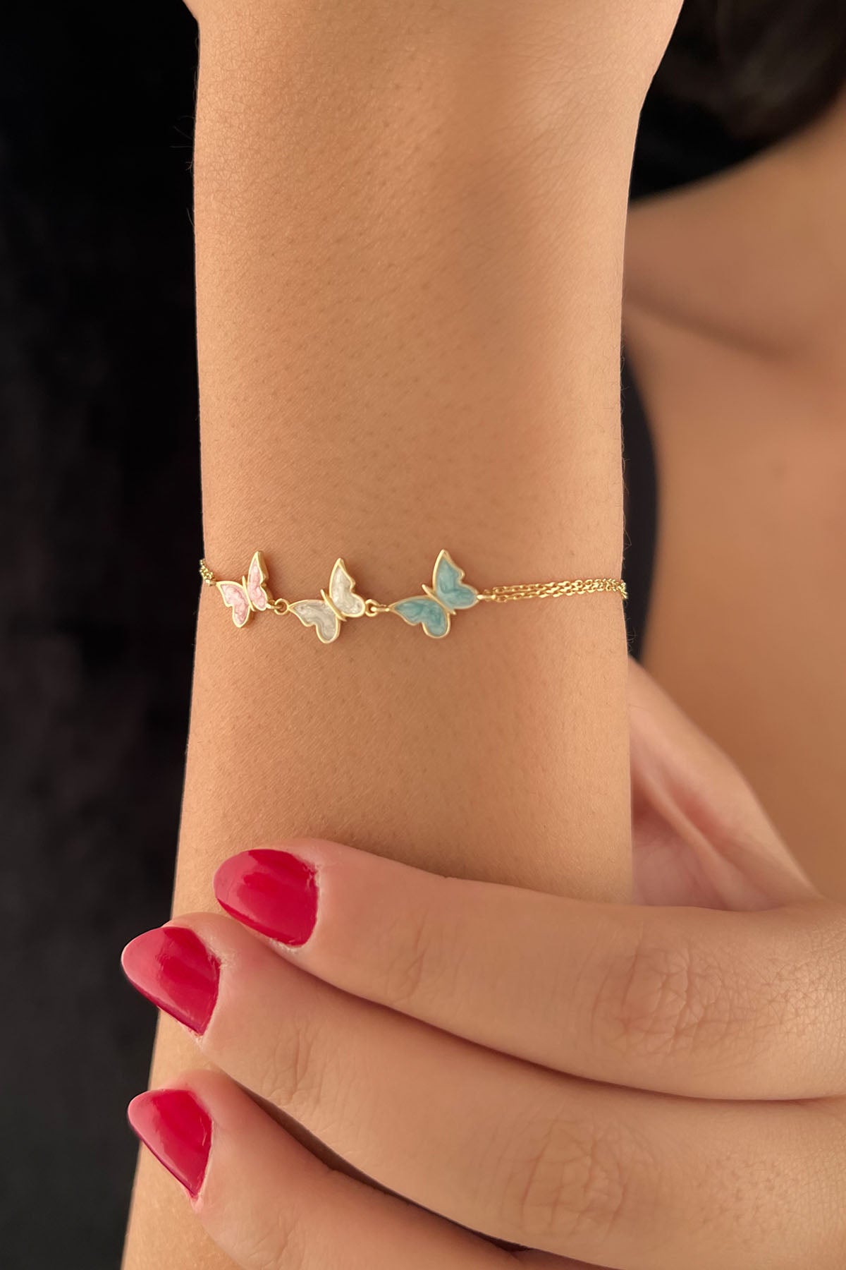 14ct Gold Multi Color Enamel Butterfly Charm Bracelet 1