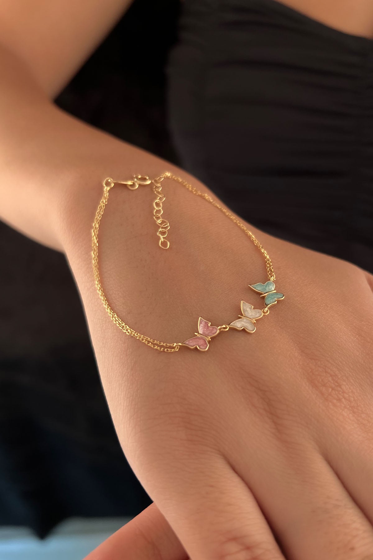 14ct Gold Multi Color Enamel Butterfly Charm Bracelet 1