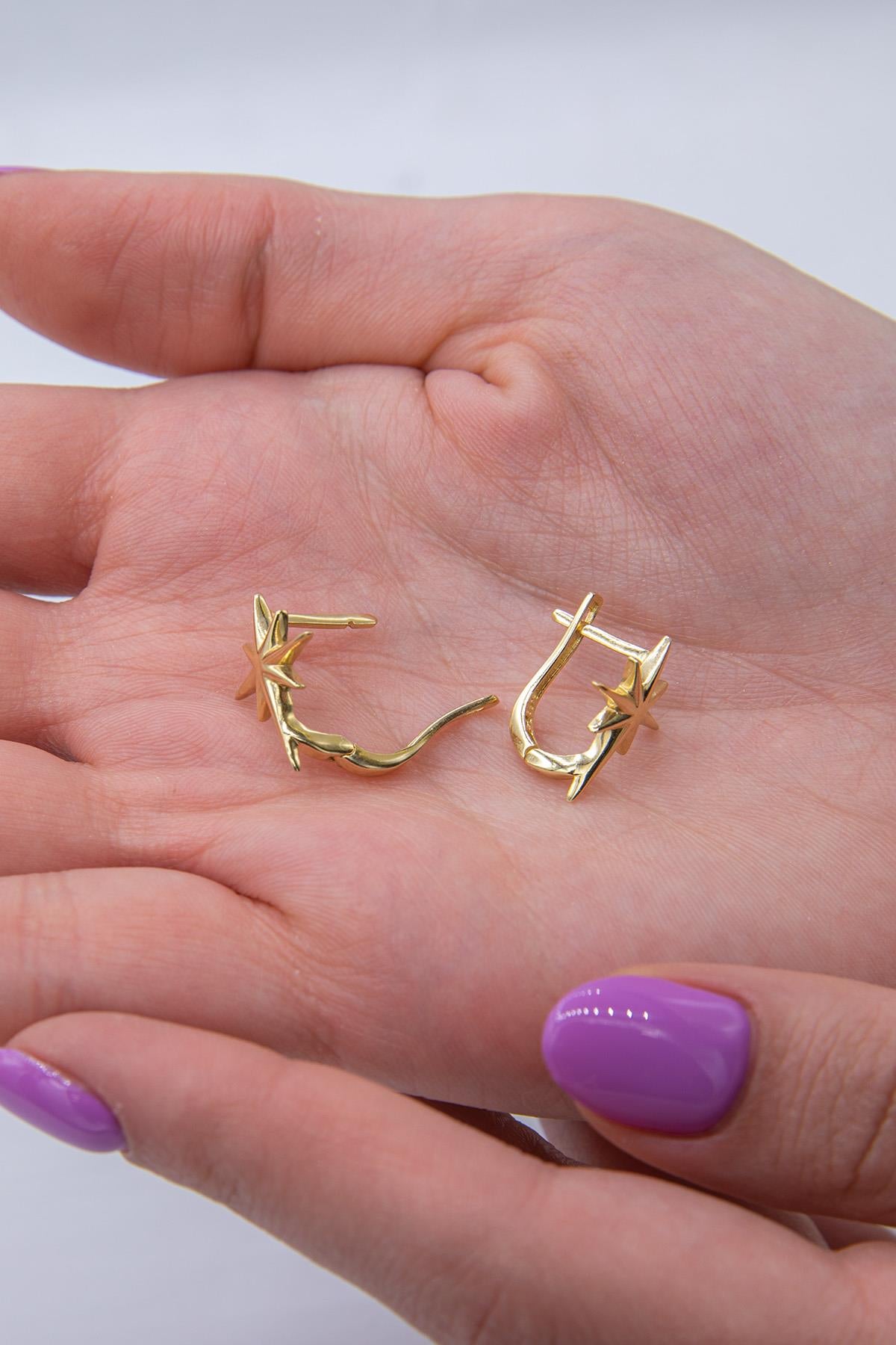 14ct Gold North Star Charm Huggie Hoop Earrings