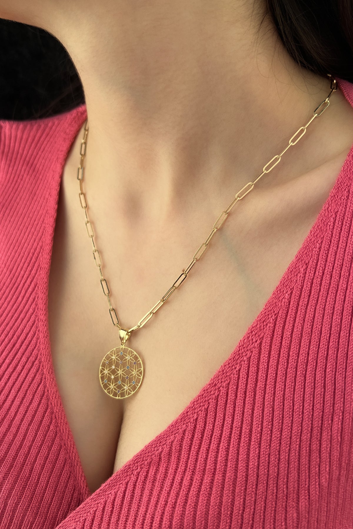 14ct Gold Paperclip Chain Flower of Life Necklace